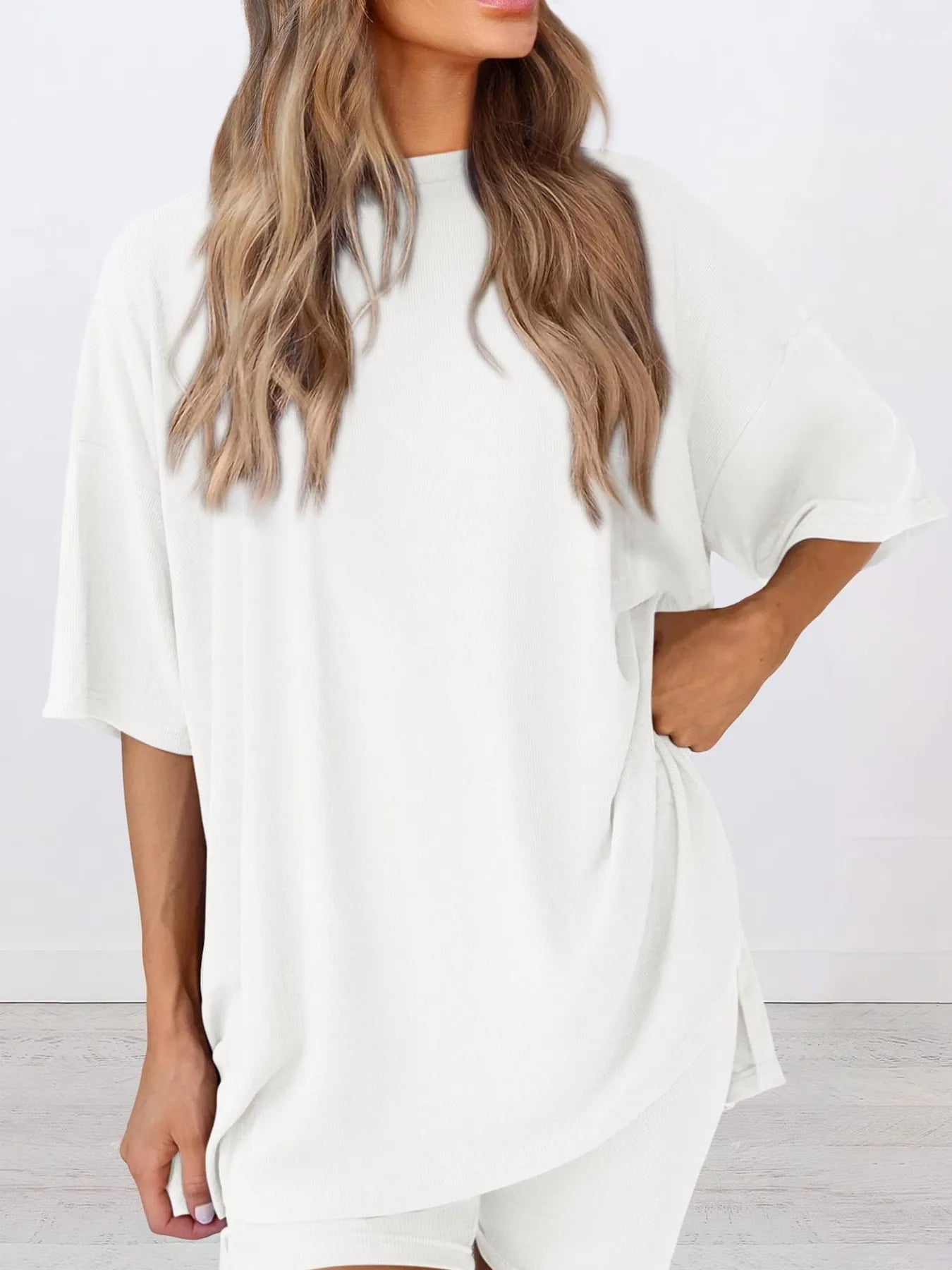 Full Size Oversized Slit Round Neck Top and Shorts Lounge Set Plus Size nicholesgifts