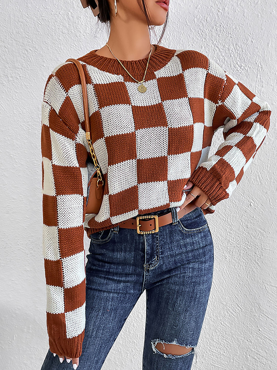 Checkered Round Neck Sweater Trendsi