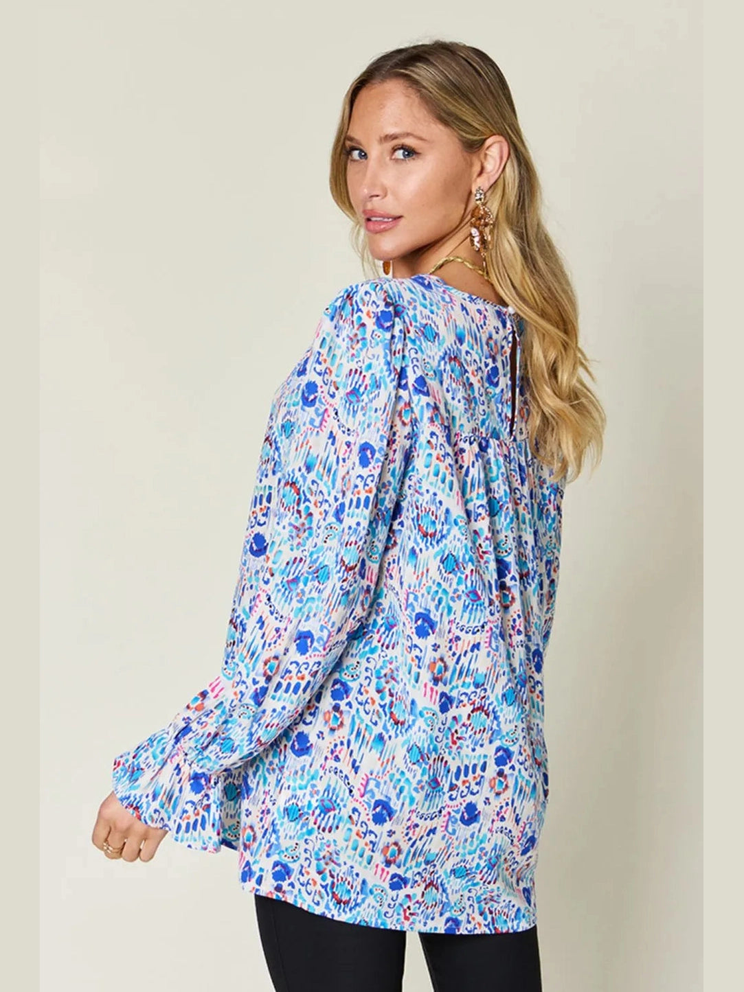 Double Take Full Size Printed Flounce Sleeve Blouse