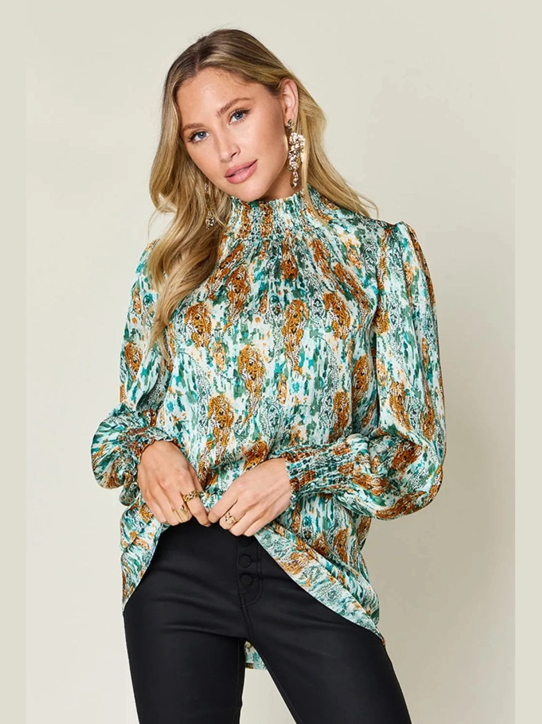 Double Take Full Size Printed Smocked Long Sleeve Blouse nicholesgifts