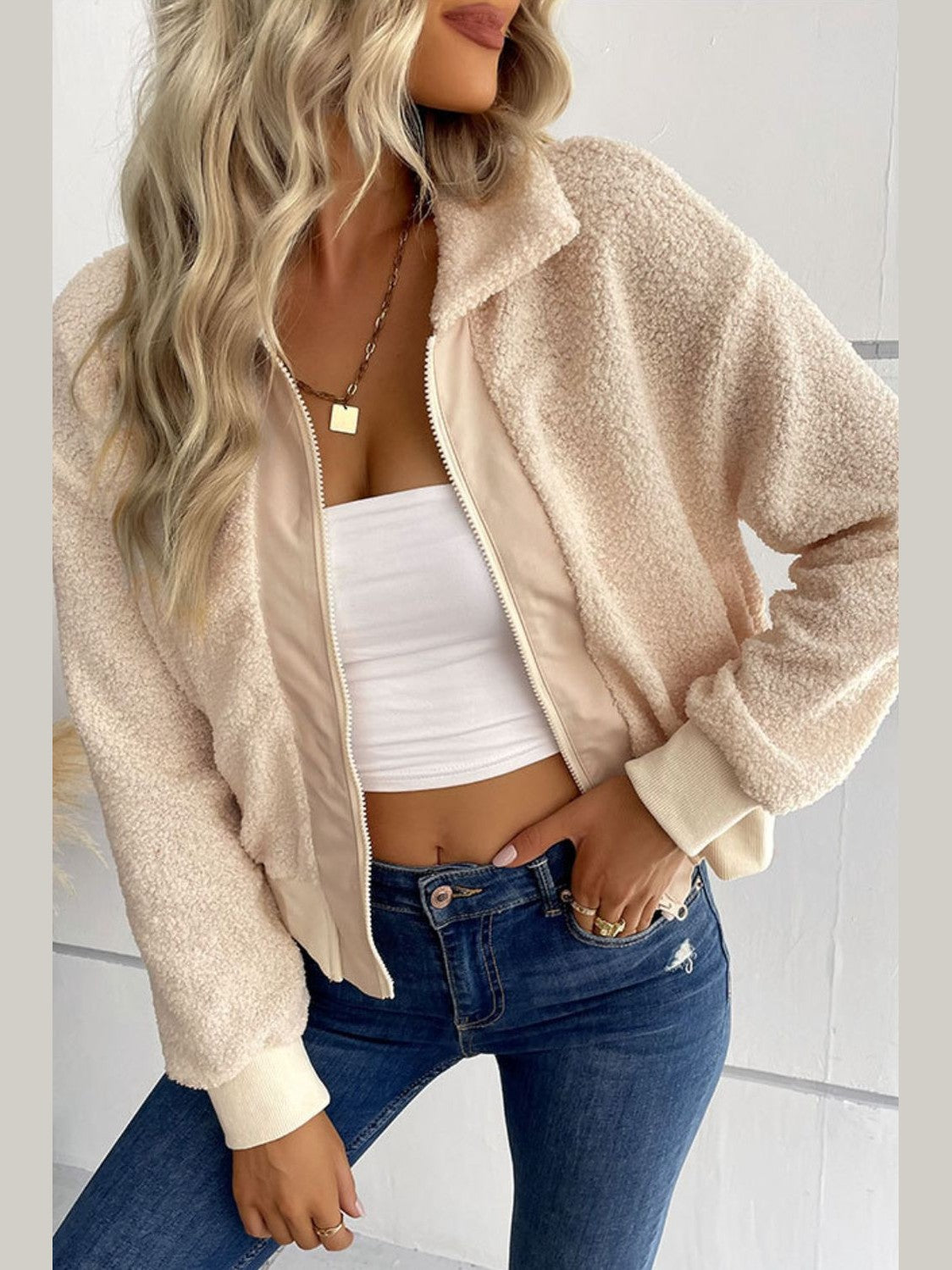 Perfee Zip-Up Sherpa Collared Neck Jacket with Pockets nicholesgifts