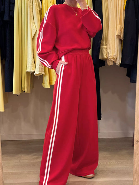 Striped Detail Crewneck Top and Elastic Sweatpants 2pcs Set Trendsi