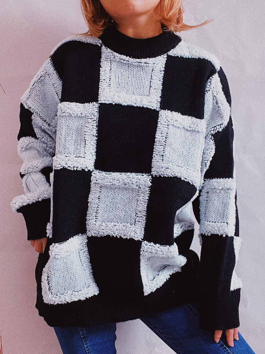 Checkered Round Neck Long Sleeve Sweater Trendsi