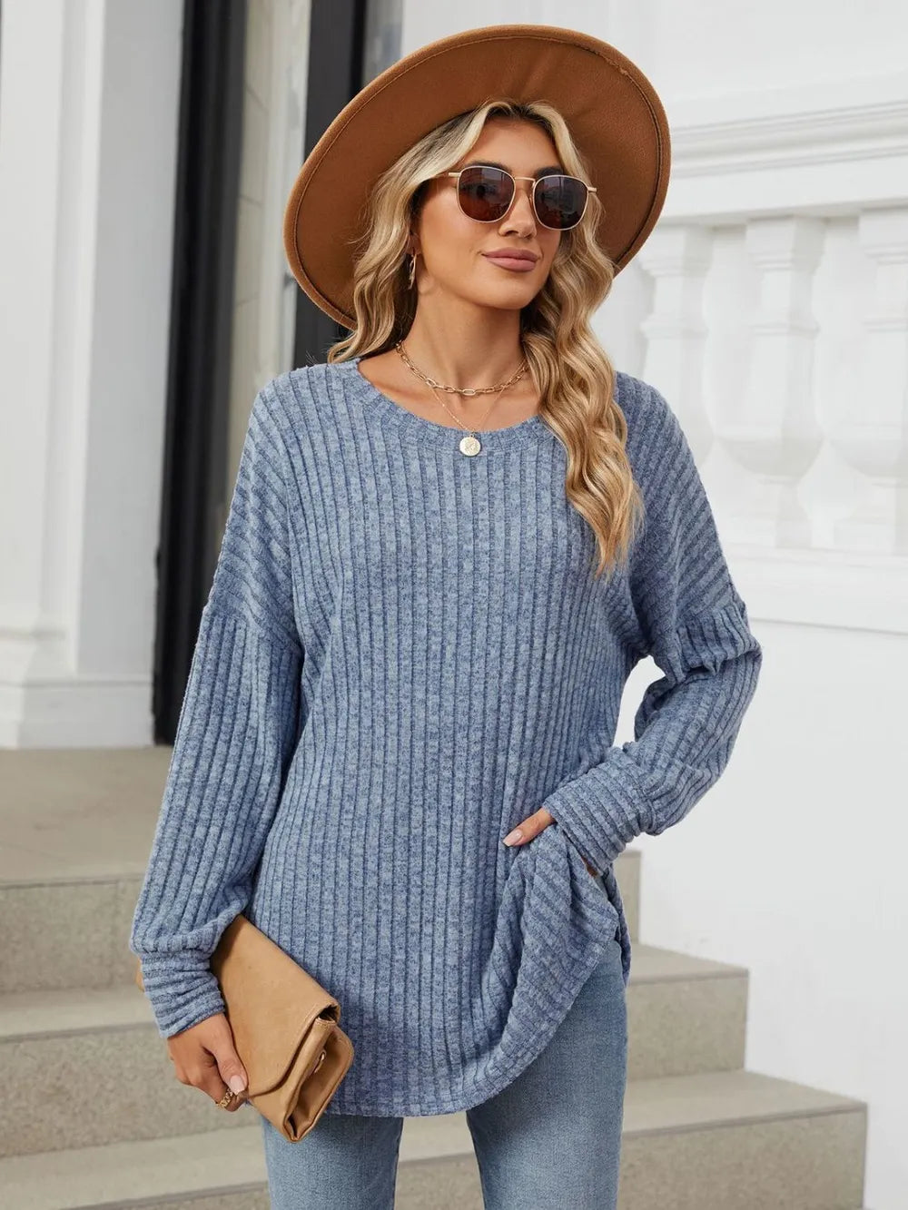 Ribbed Round Neck Long Sleeve T-Shirt NicholesGifts