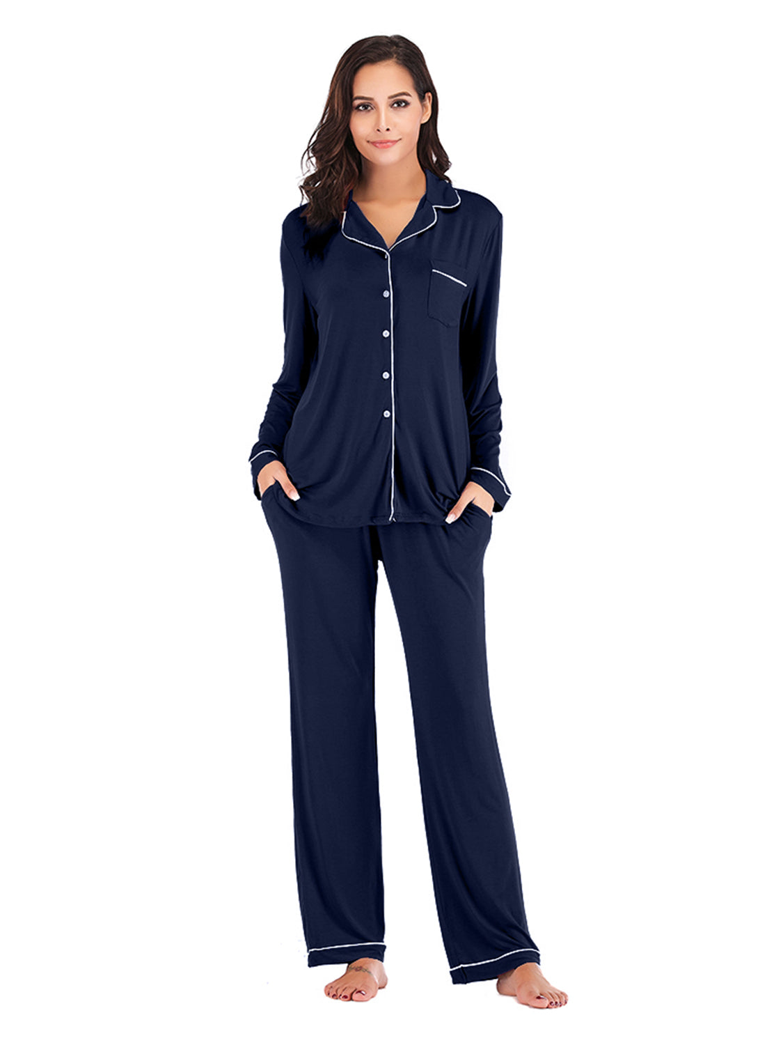 Collared Neck Long Sleeve Loungewear Set with Pockets nicholesgifts