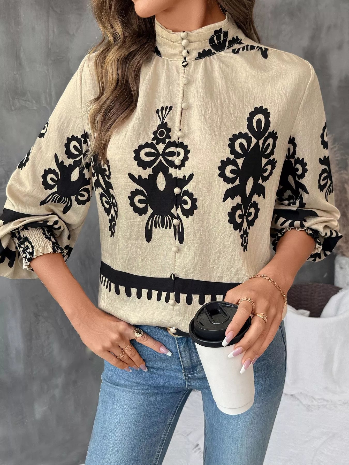Printed Notched Lantern Sleeve Blouse NicholesGifts