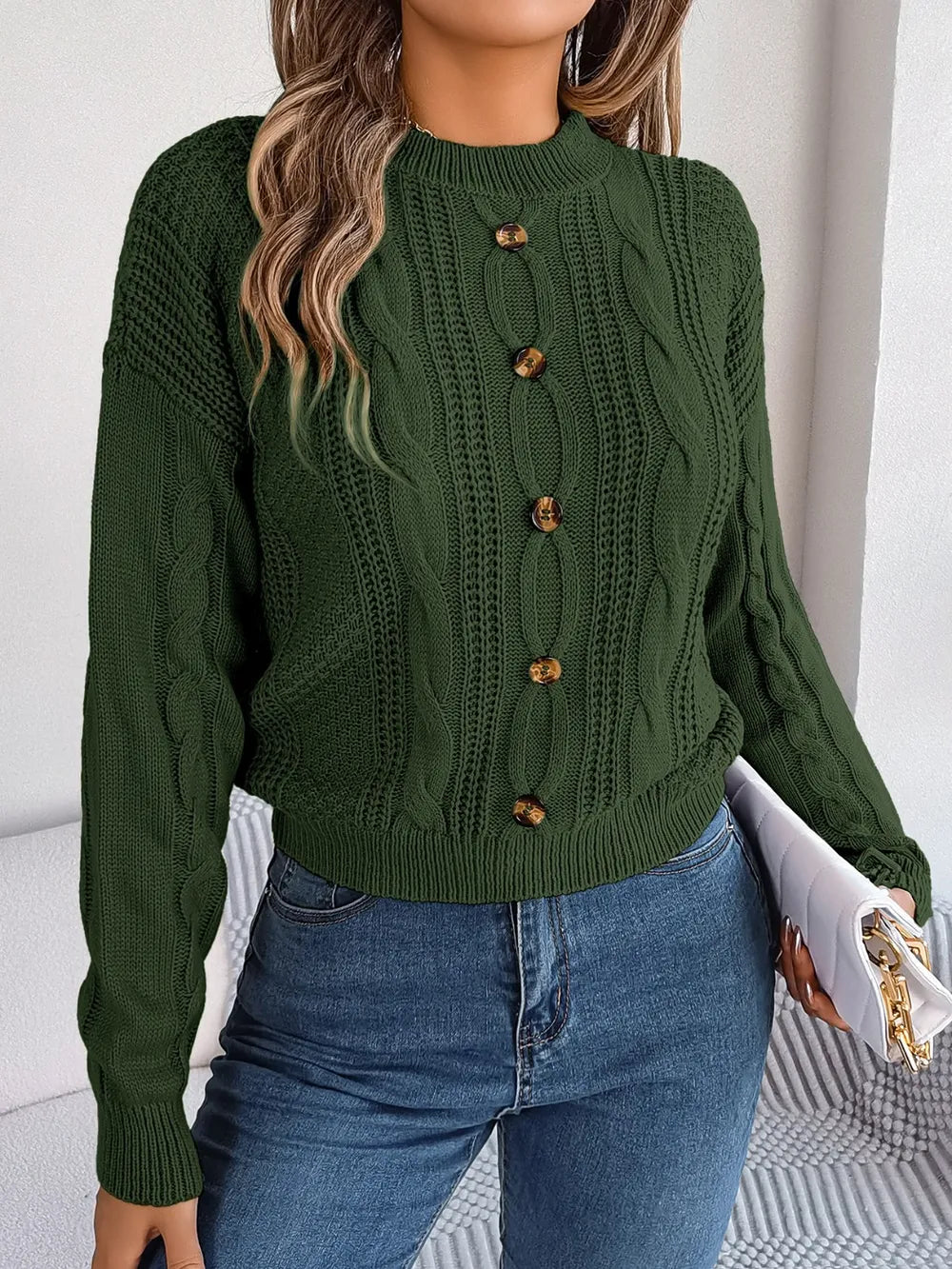 Cable-Knit Buttoned Round Neck Sweater Trendsi
