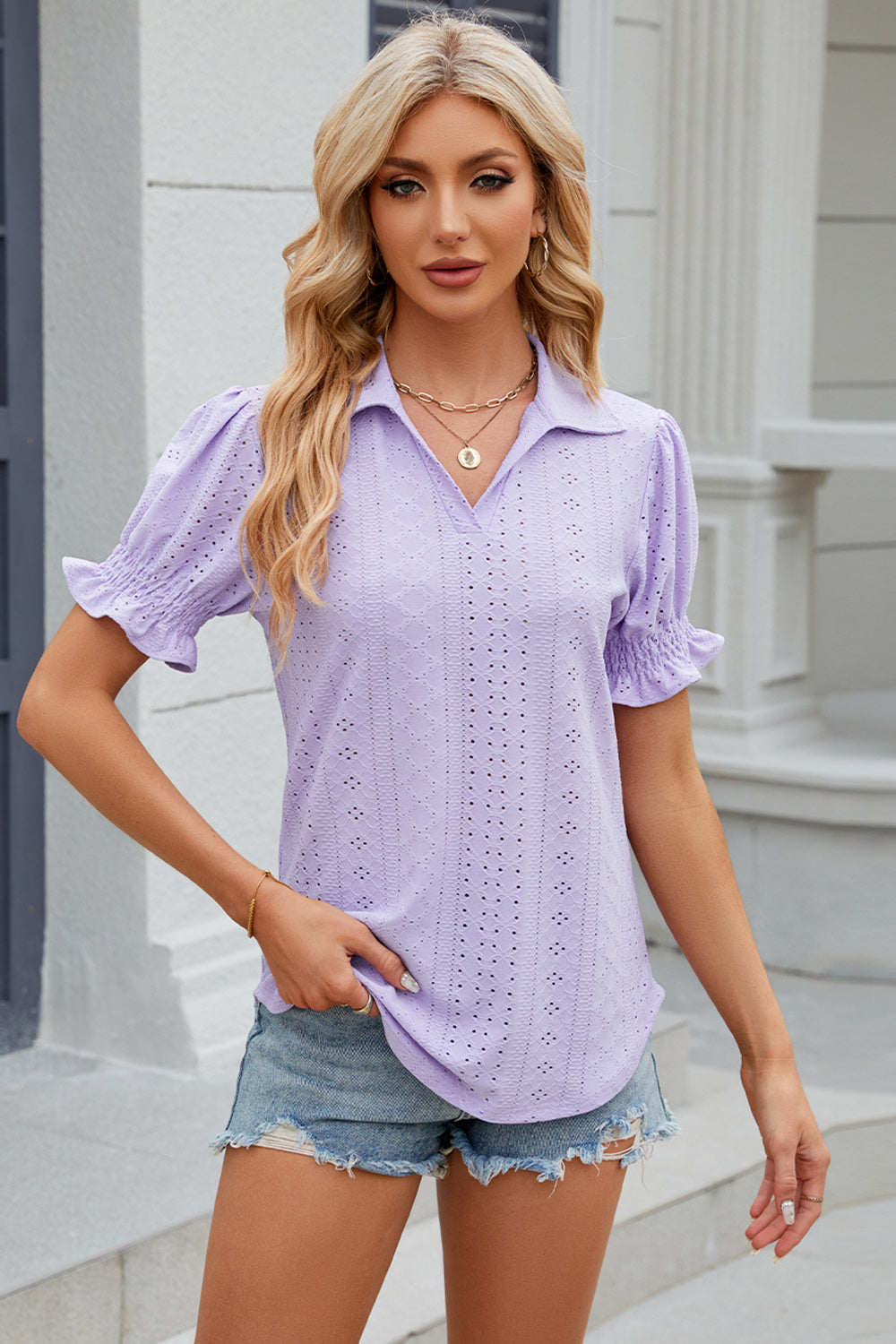 Eyelet Johnny Collar Short Sleeve Blouse nicholesgifts