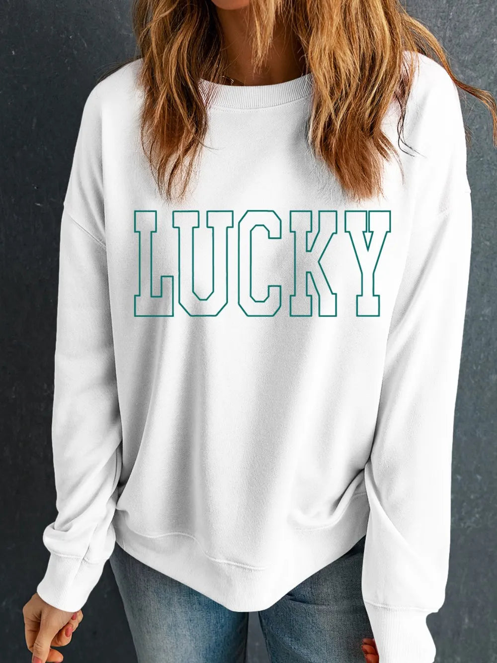 LUCKY Graphic Round Neck Long Sleeve Sweatshirt nicholesgifts