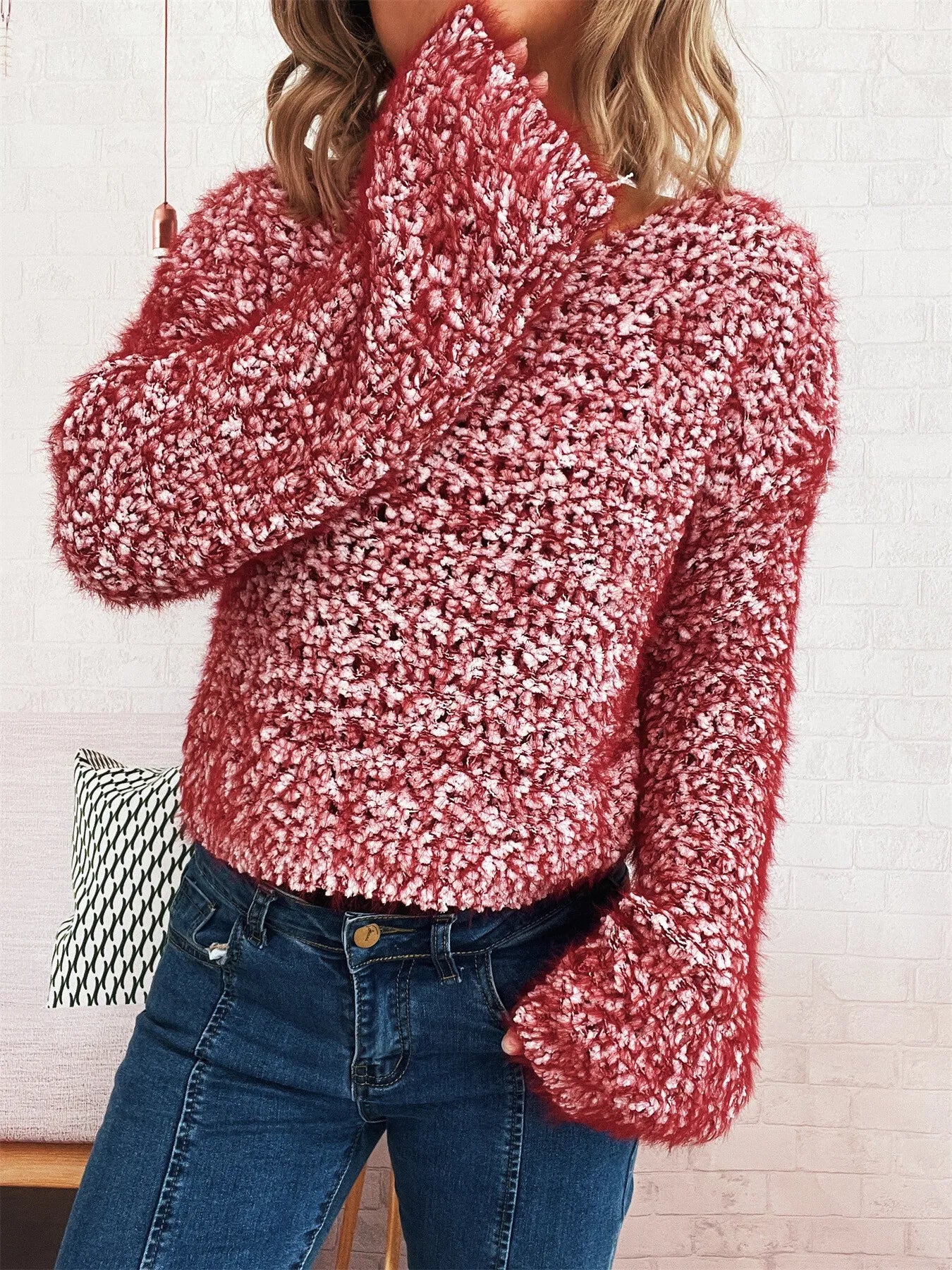 Crochet Round Neck Dropped Shoulder Sweater