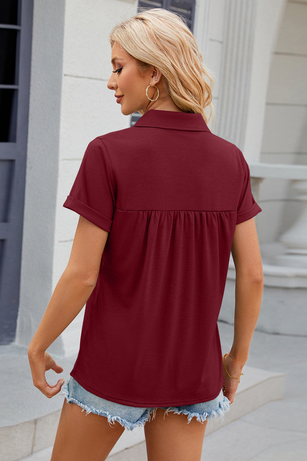 Ruched Johnny Collar Short Sleeve Blouse nicholesgifts