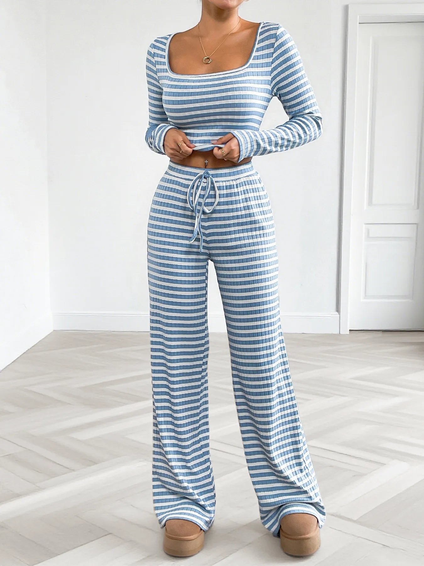 Striped Square Neck Long Sleeve Top and Pants Lounge Set NicholesGifts