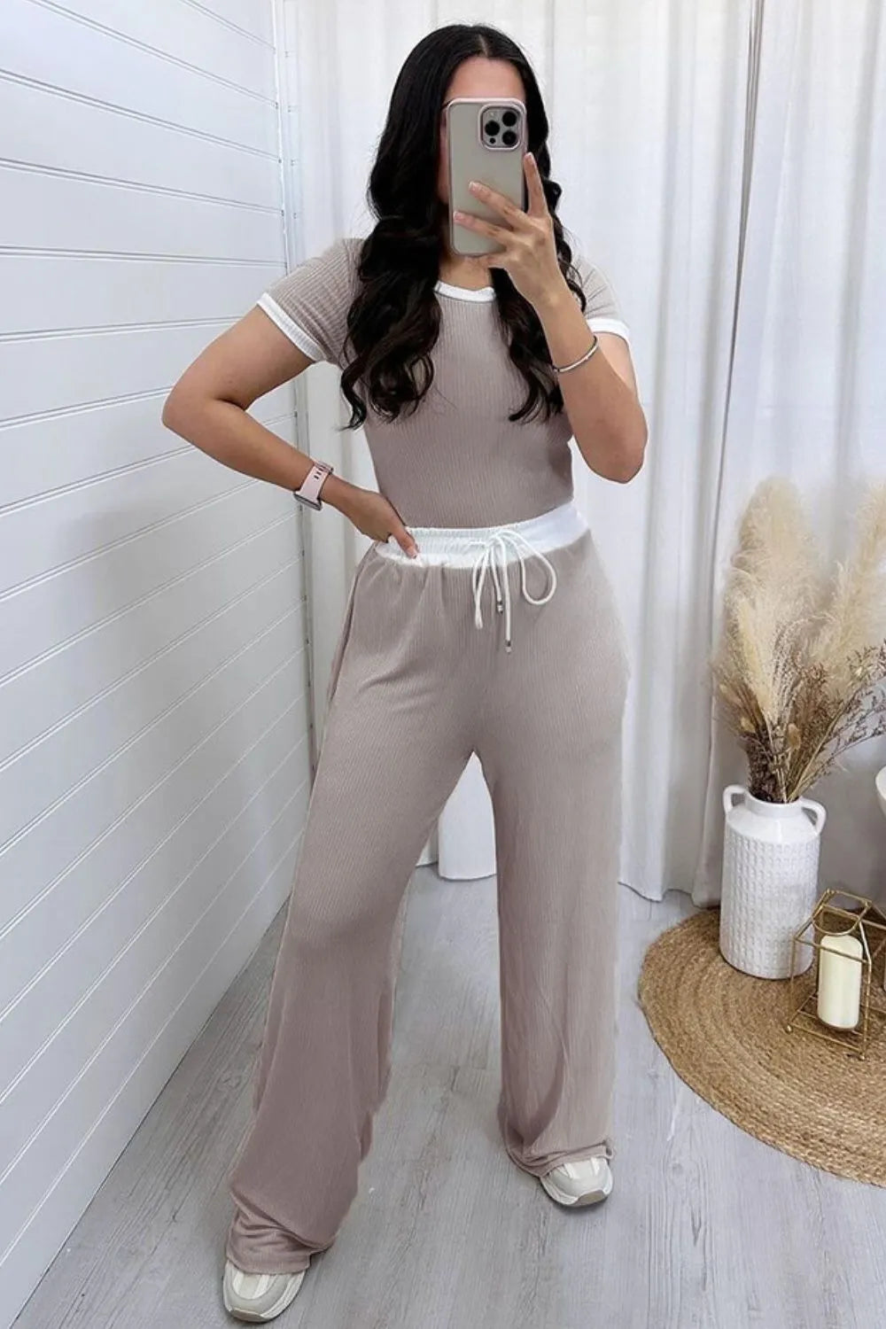 Contrast Trim Round Neck Top and Pants Set Trendsi