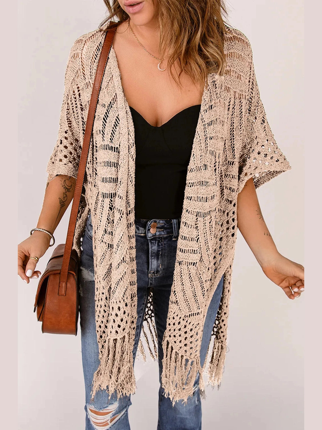 Openwork Open Front Cardigan with Fringes nicholesgifts