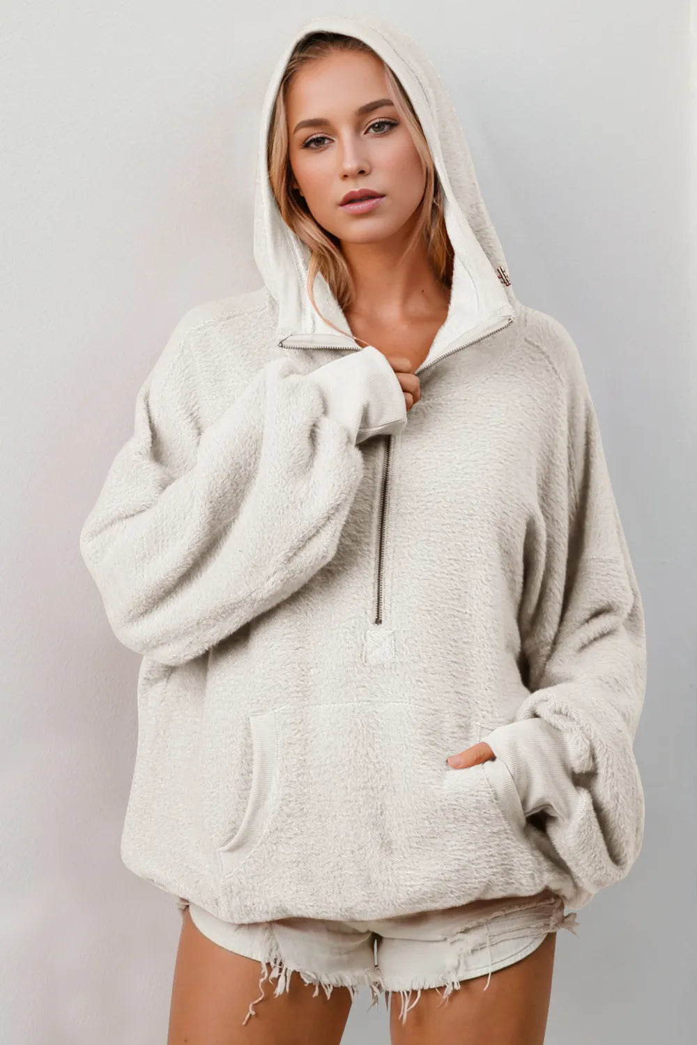 Double Take Full Size Half Zip Long Sleeve Hoodie with Kangaroo Pocket Trendsi