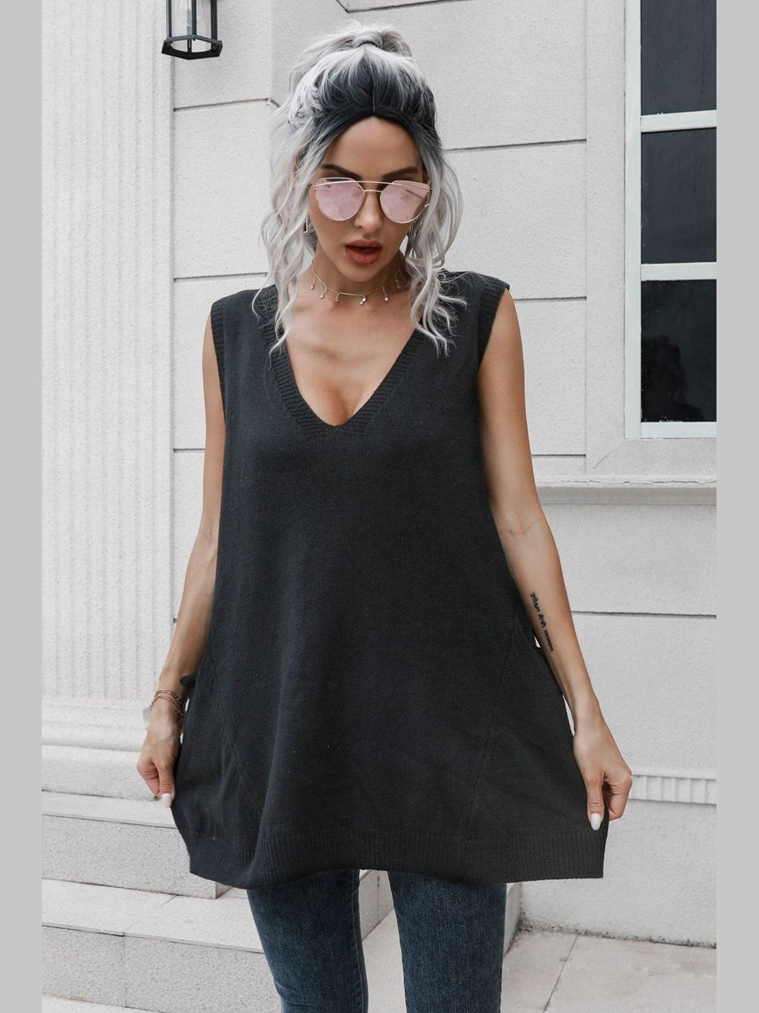 V-Neck Sleeveless Sweater Vest with Pocket nicholesgifts