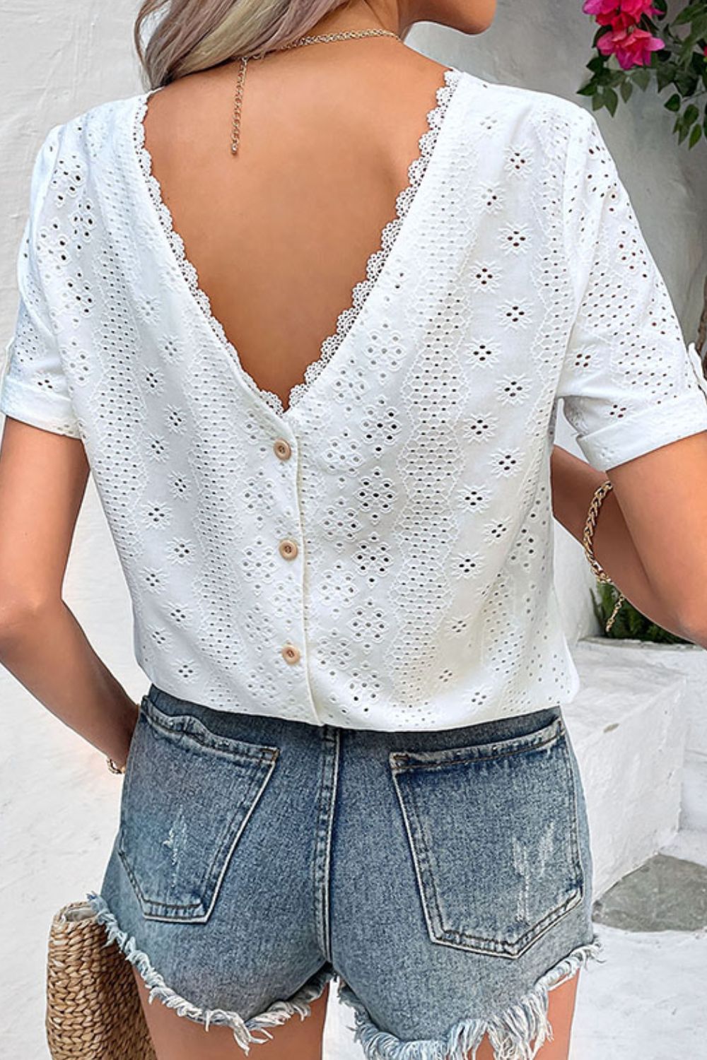 Eyelet Short Sleeve Double-Sided Shirt nicholesgifts