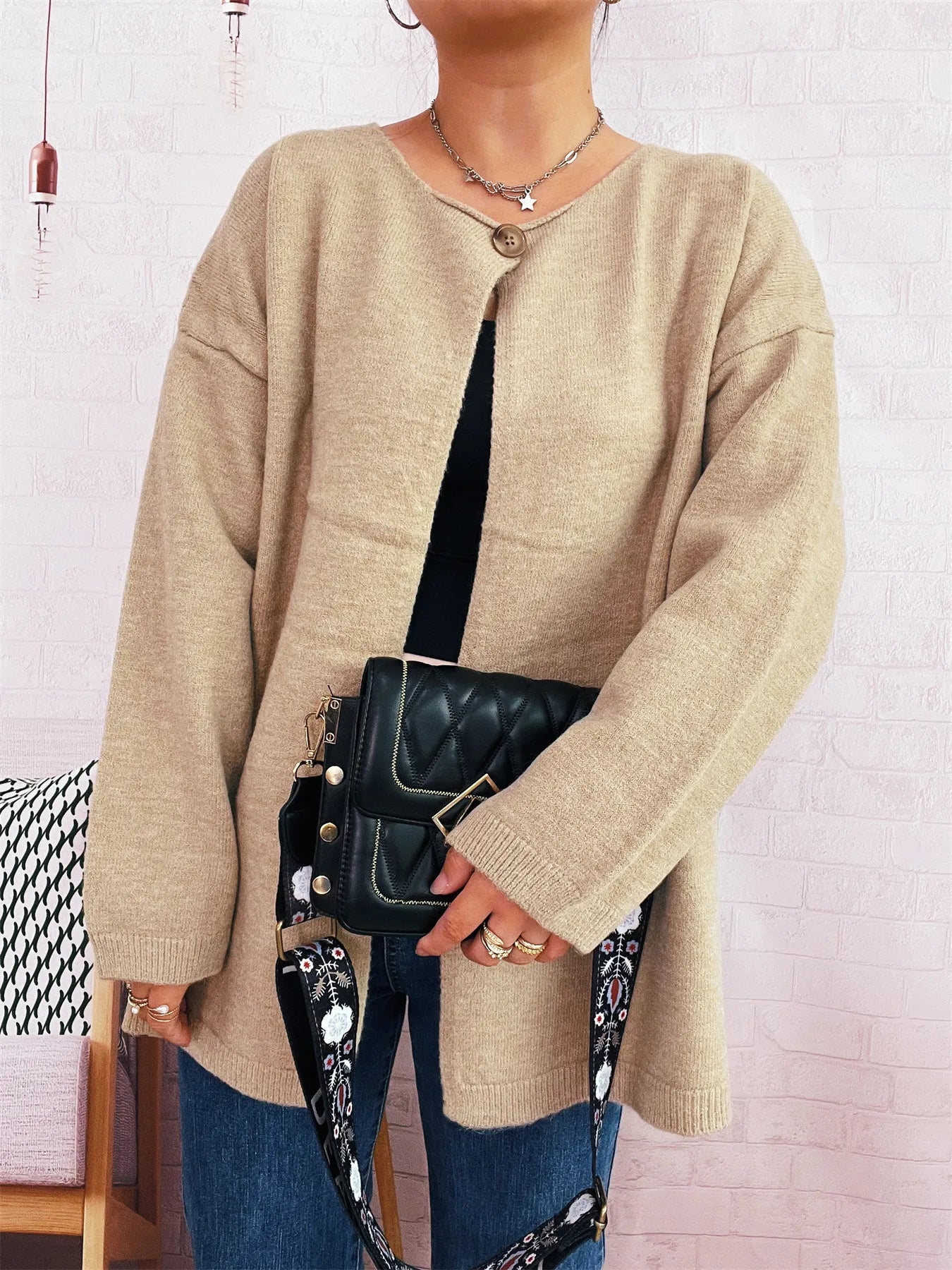 One Button Front Drop Shoulder Cardigan Trendsi