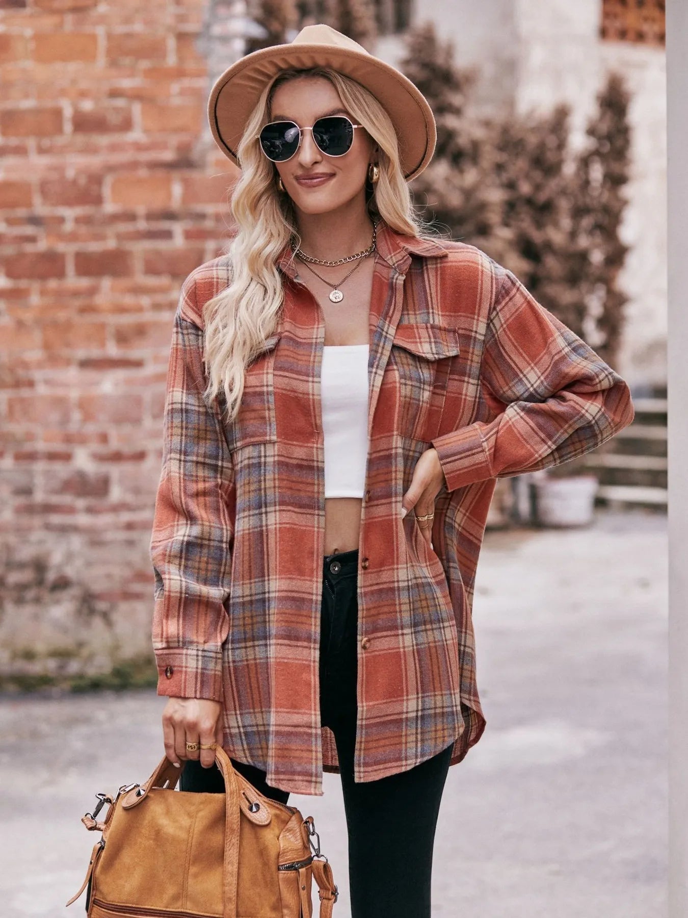 Plaid Button-Down Long Sleeve Shirt Trendsi