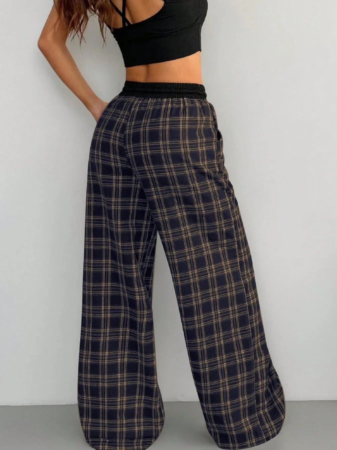 Plaid Wide Leg Pants with Drawstring Waist Trendsi