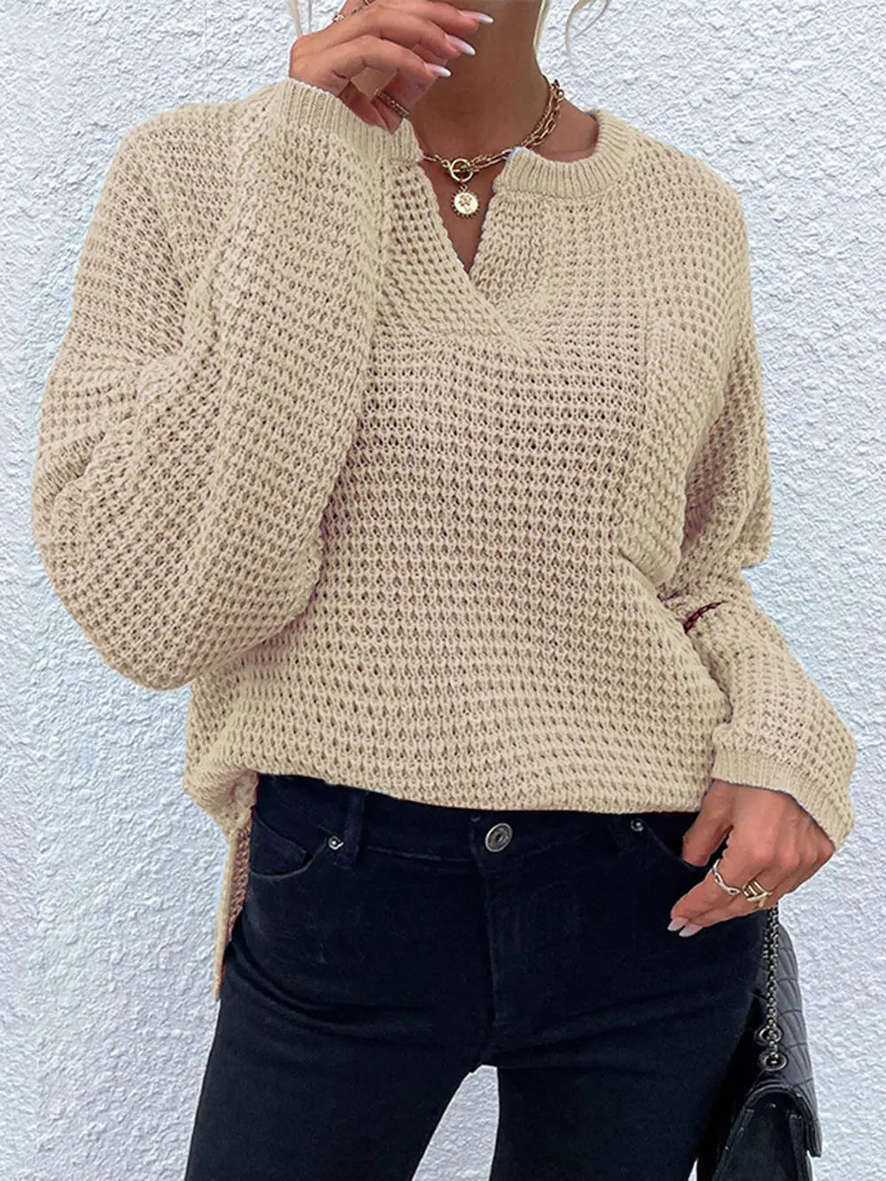Notched Long Sleeve Sweater nicholesgifts