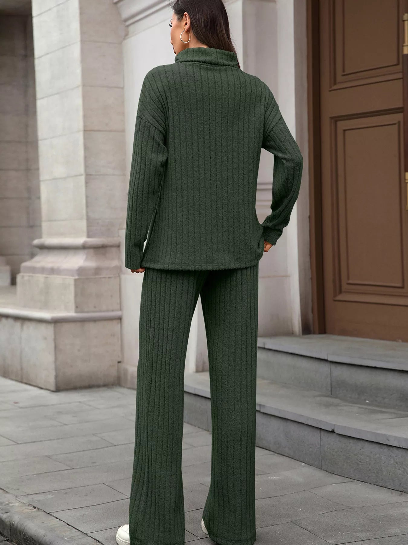 Ribbed Turtleneck Dropped Shoulder Top and Pants Sweater Set Trendsi