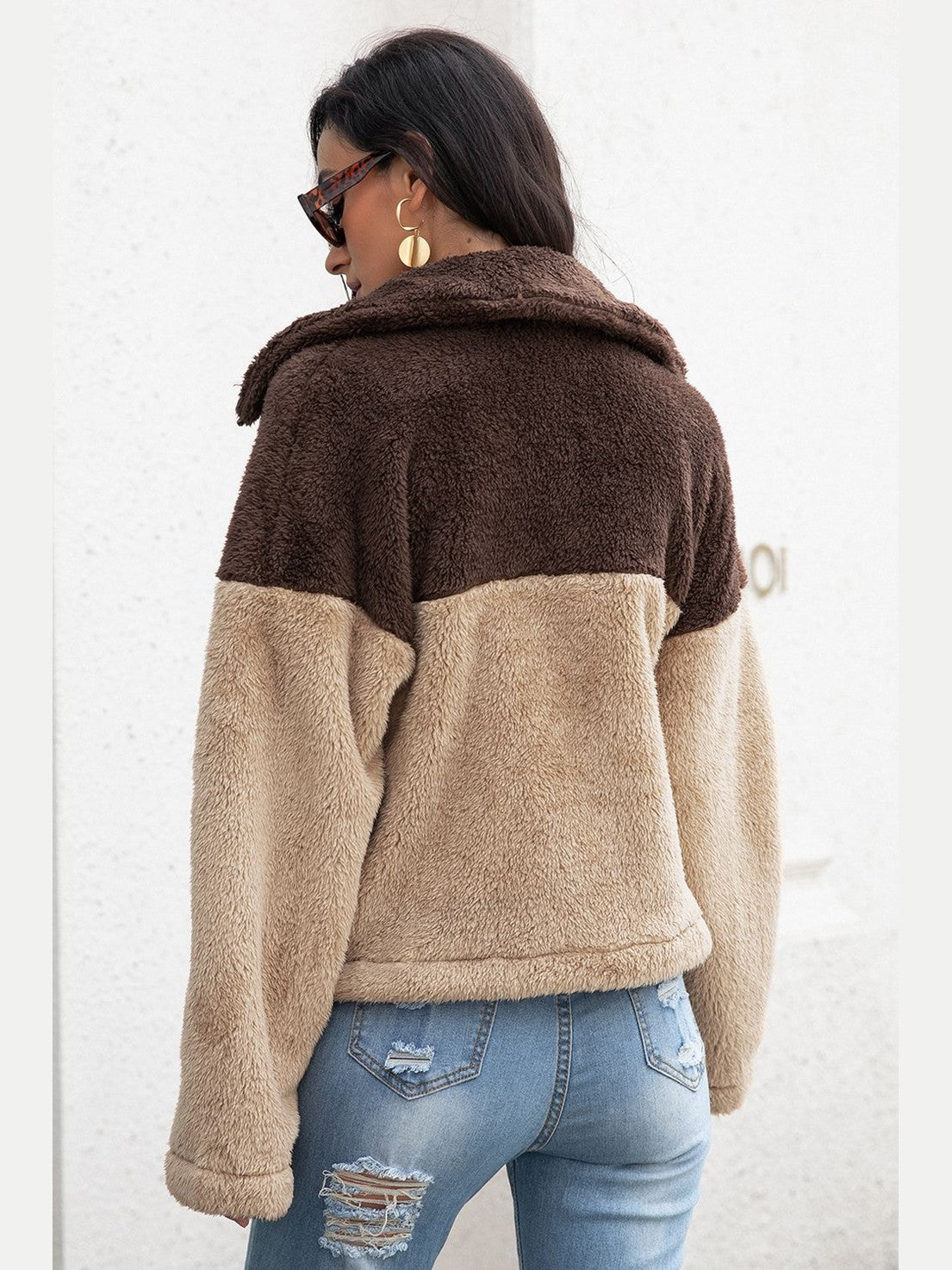 Two-Tone Collared Neck Fuzzy Jacket nicholesgifts