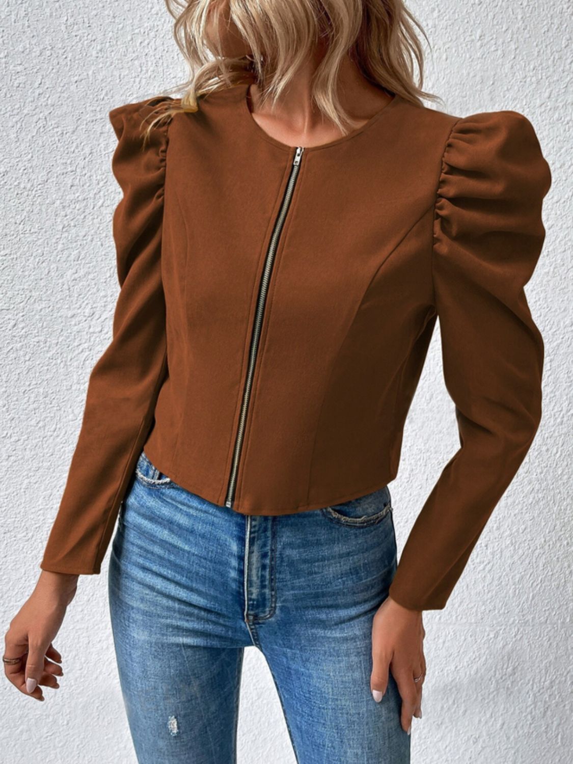 Zip Up Puff Sleeve Jacket nicholesgifts