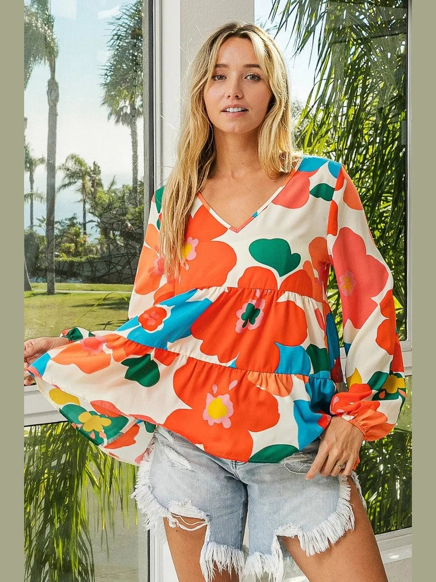 BiBi Floral Woven Tiered V Neck Top