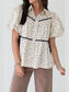 Contrast Trim Floral Puff Short Sleeve Shirt nicholesgifts