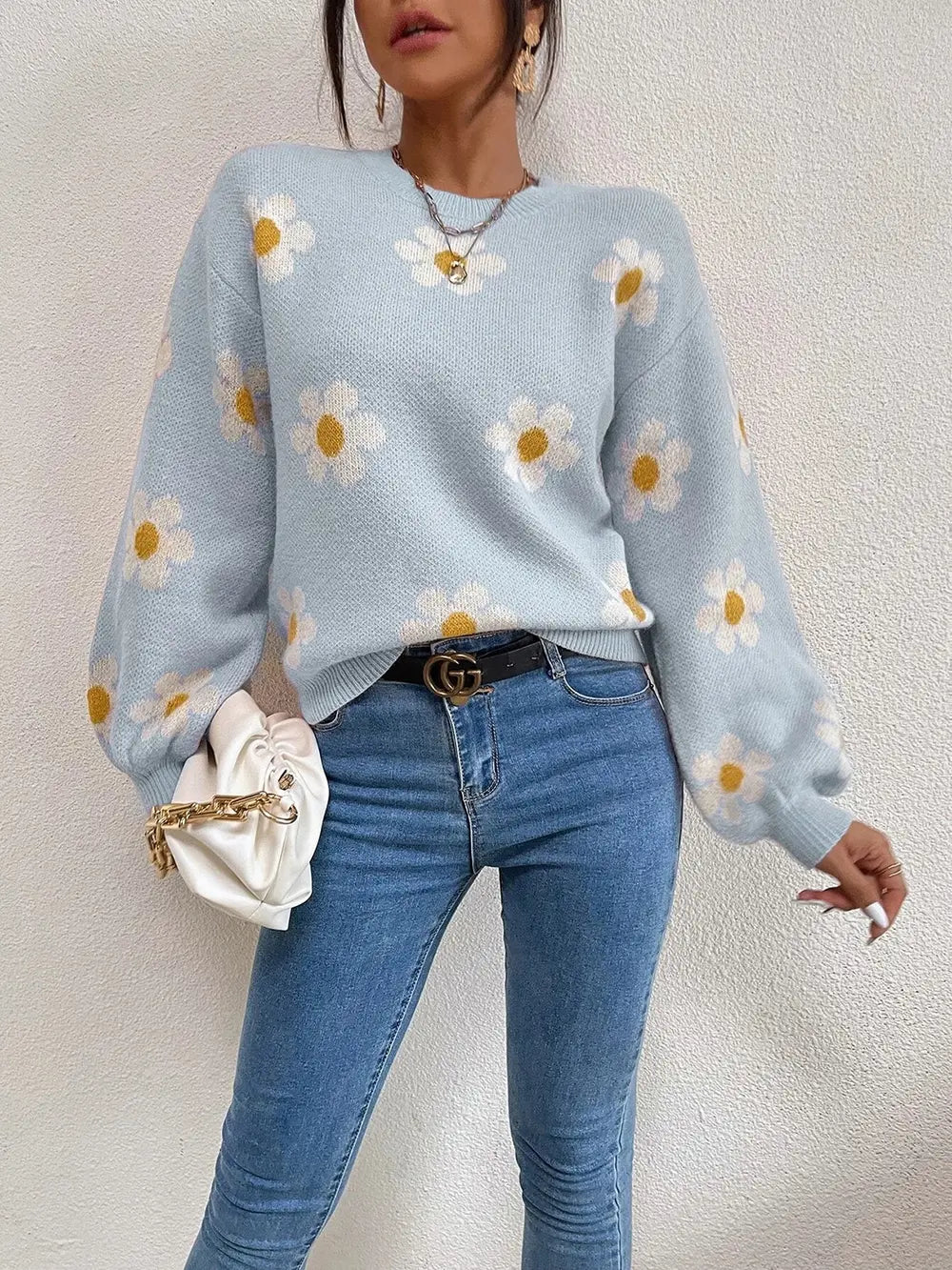 Flower Round Neck Latern Sleeve Sweater Trendsi