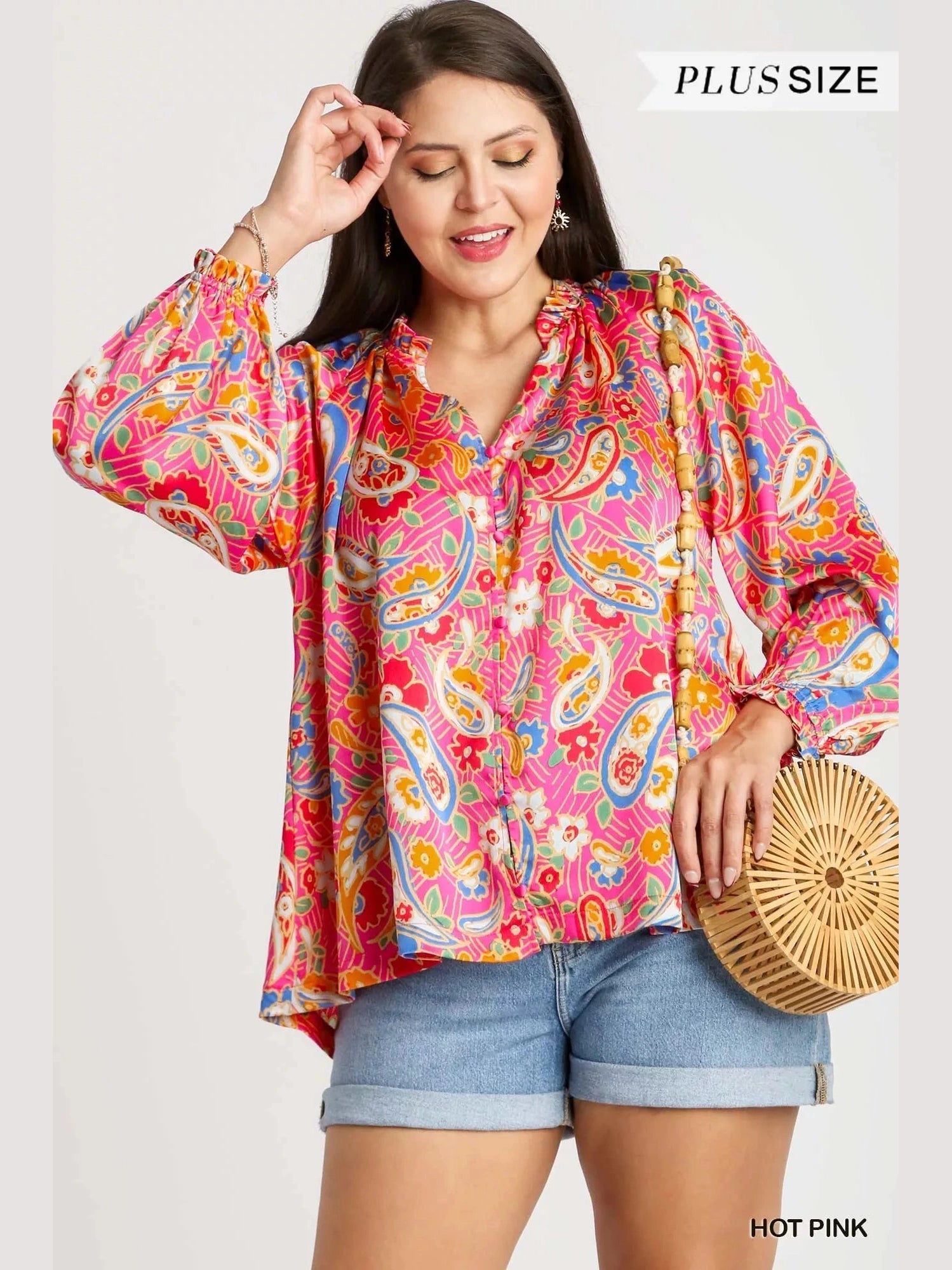 Umgee Full Size Satin Paisley Ruffle Neck Button-Up Shirt Plus Size NicholesGifts