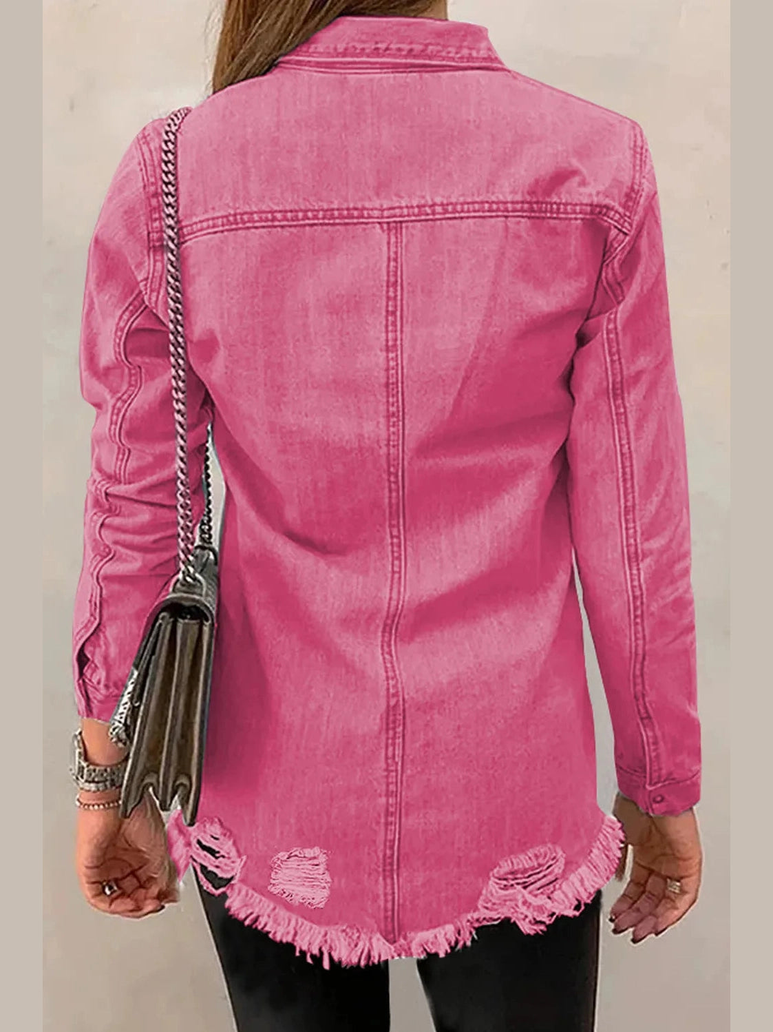 Distressed Raw Hem Snap Down Denim Jacket nicholesgifts