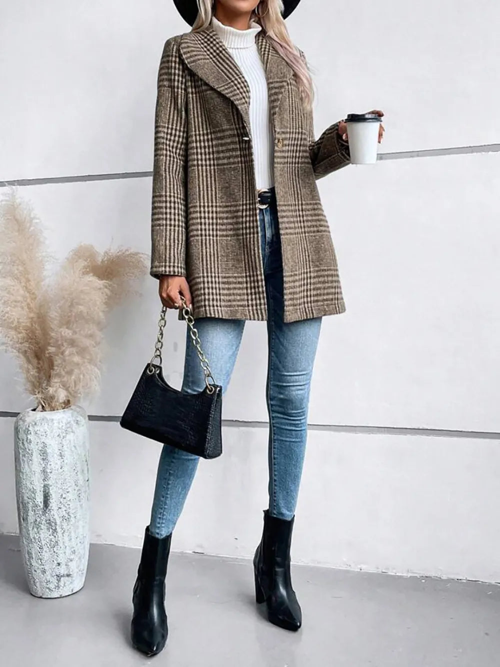 Plaid Collared Neck Long Sleeve Jacket nicholesgifts