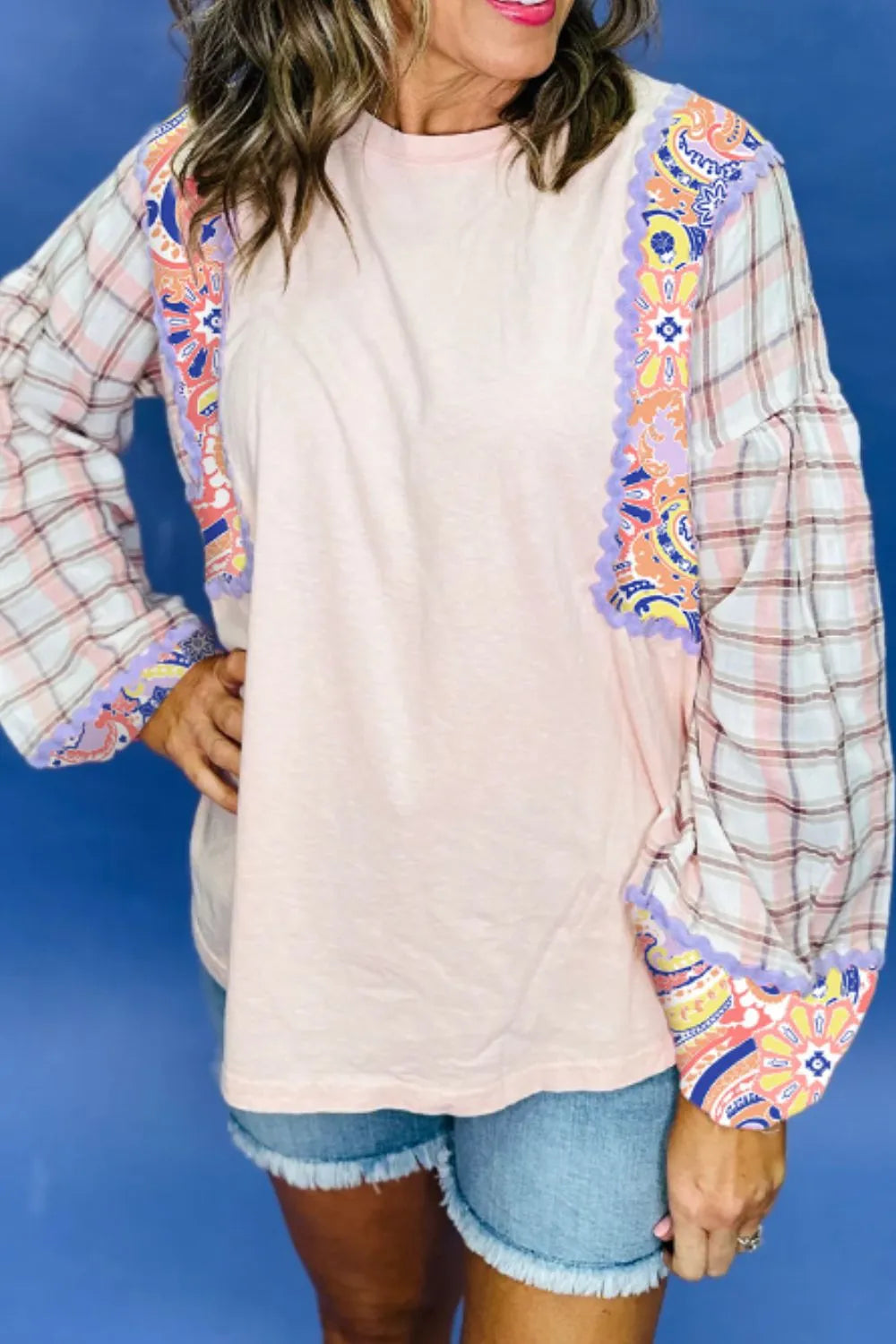 Paisley Print Plaid Long Sleeve Oversized Top Trendsi