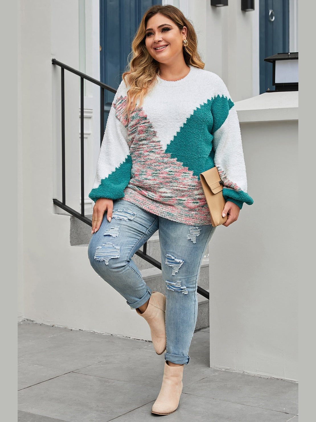 Plus Size Color Block Round Neck Sweater Trendsi