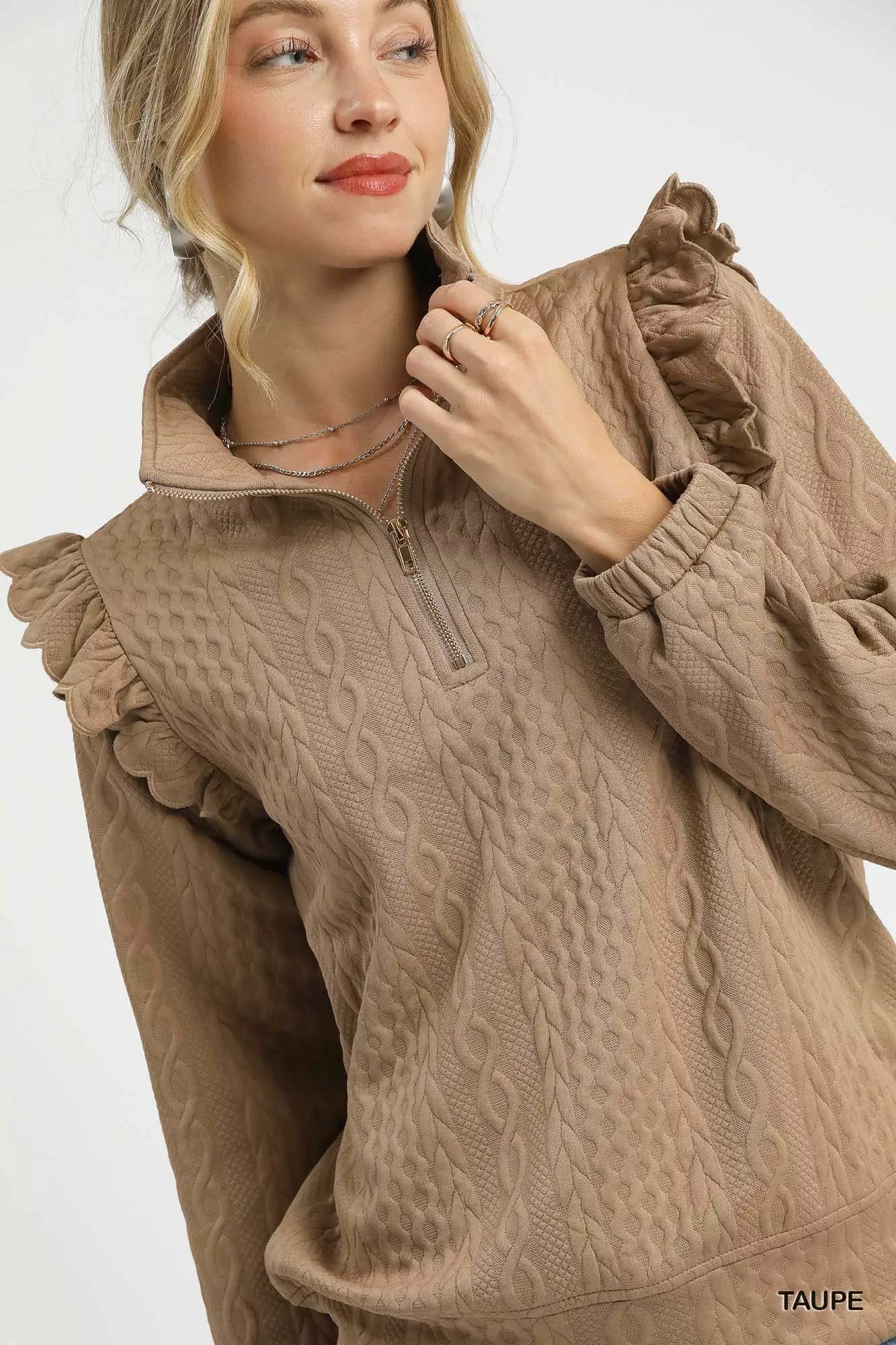 Umgee Cable Knit Textured Pullover with Ruffle Shoulders Trendsi