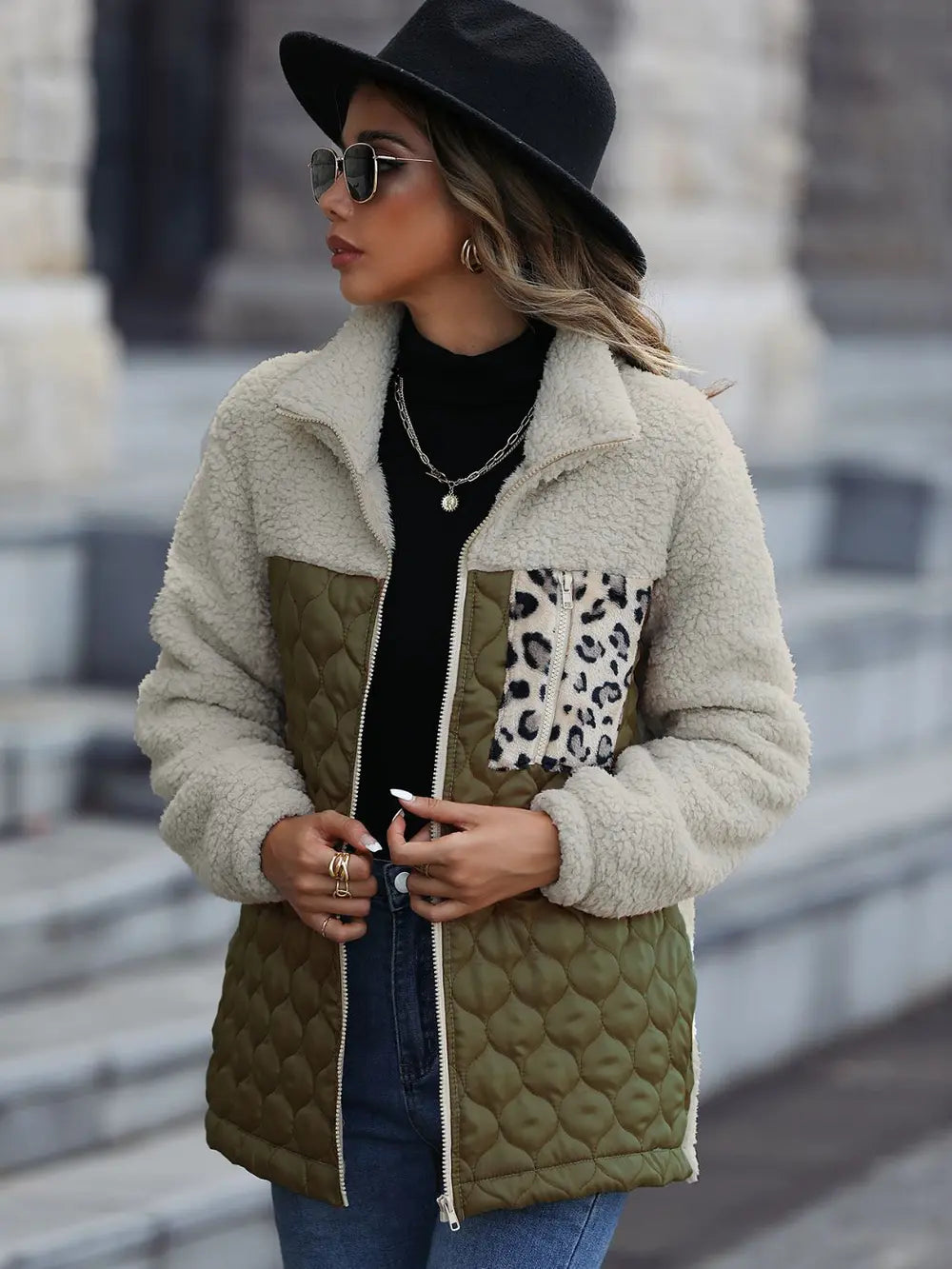 Leopard Color Block Zip-Up Jacket nicholesgifts
