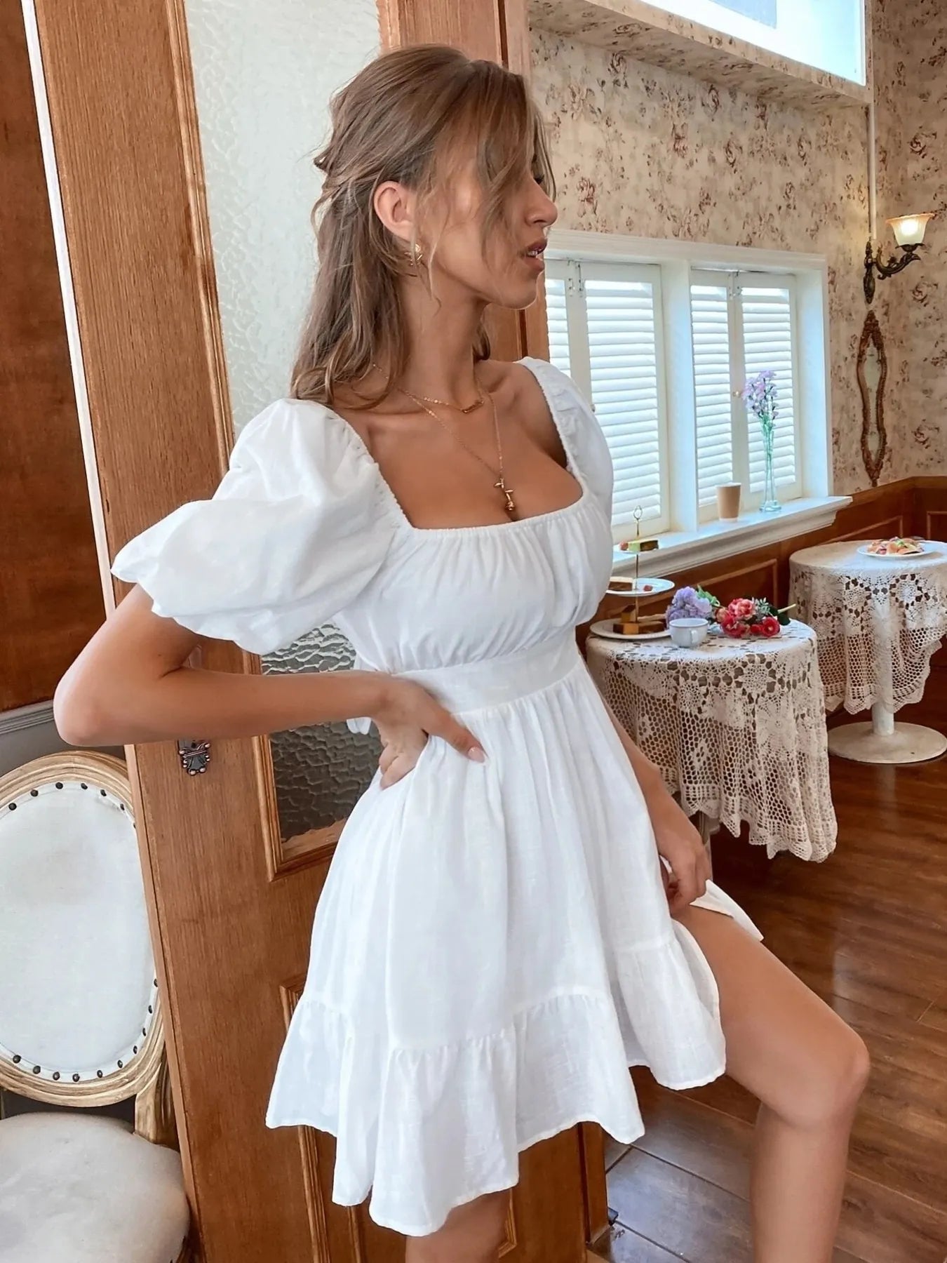 Square Neck Puff Sleeve Mini Dress NicholesGifts