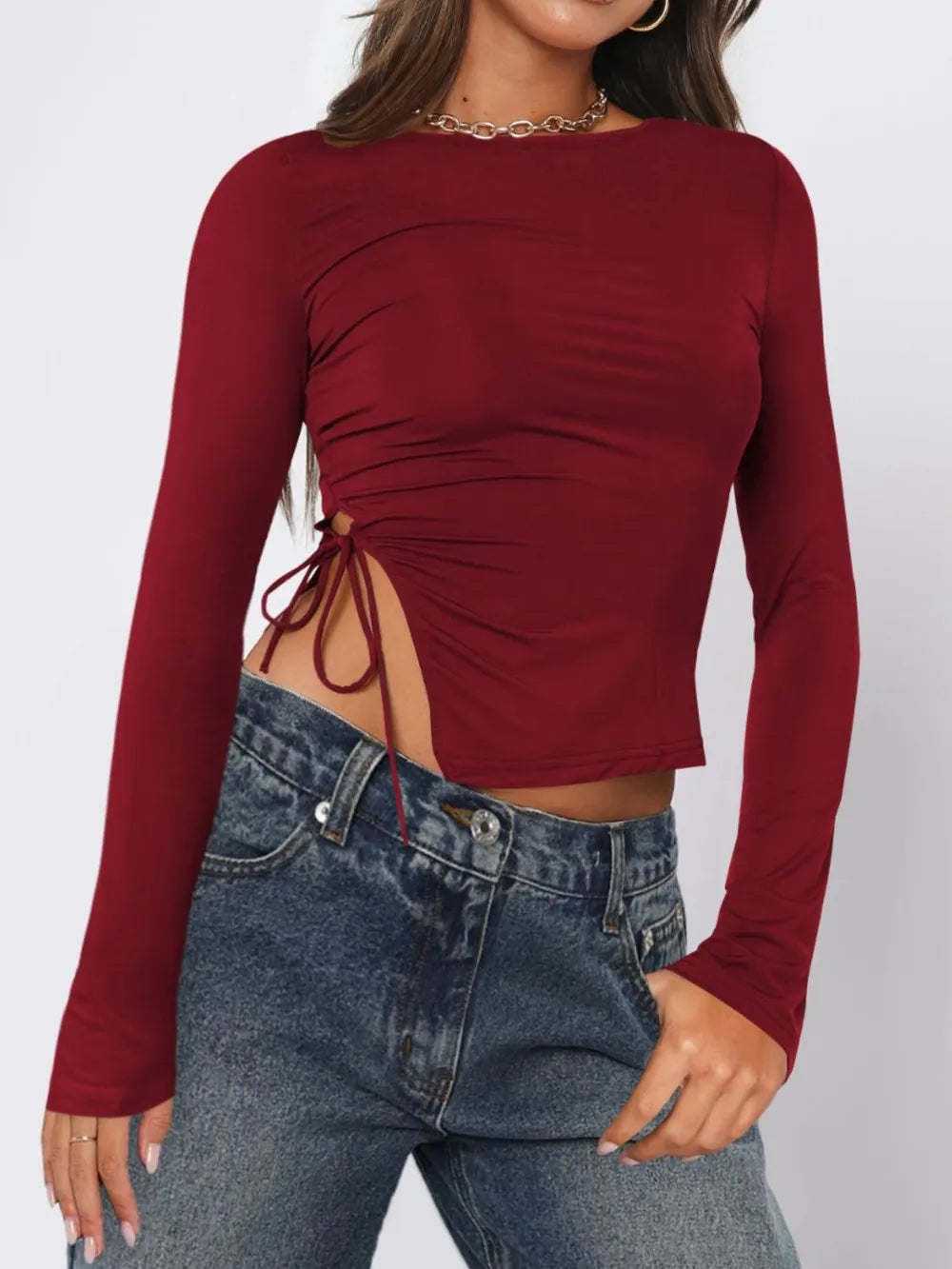 Tied Slit Round Neck Long Sleeve T-Shirt NicholesGifts
