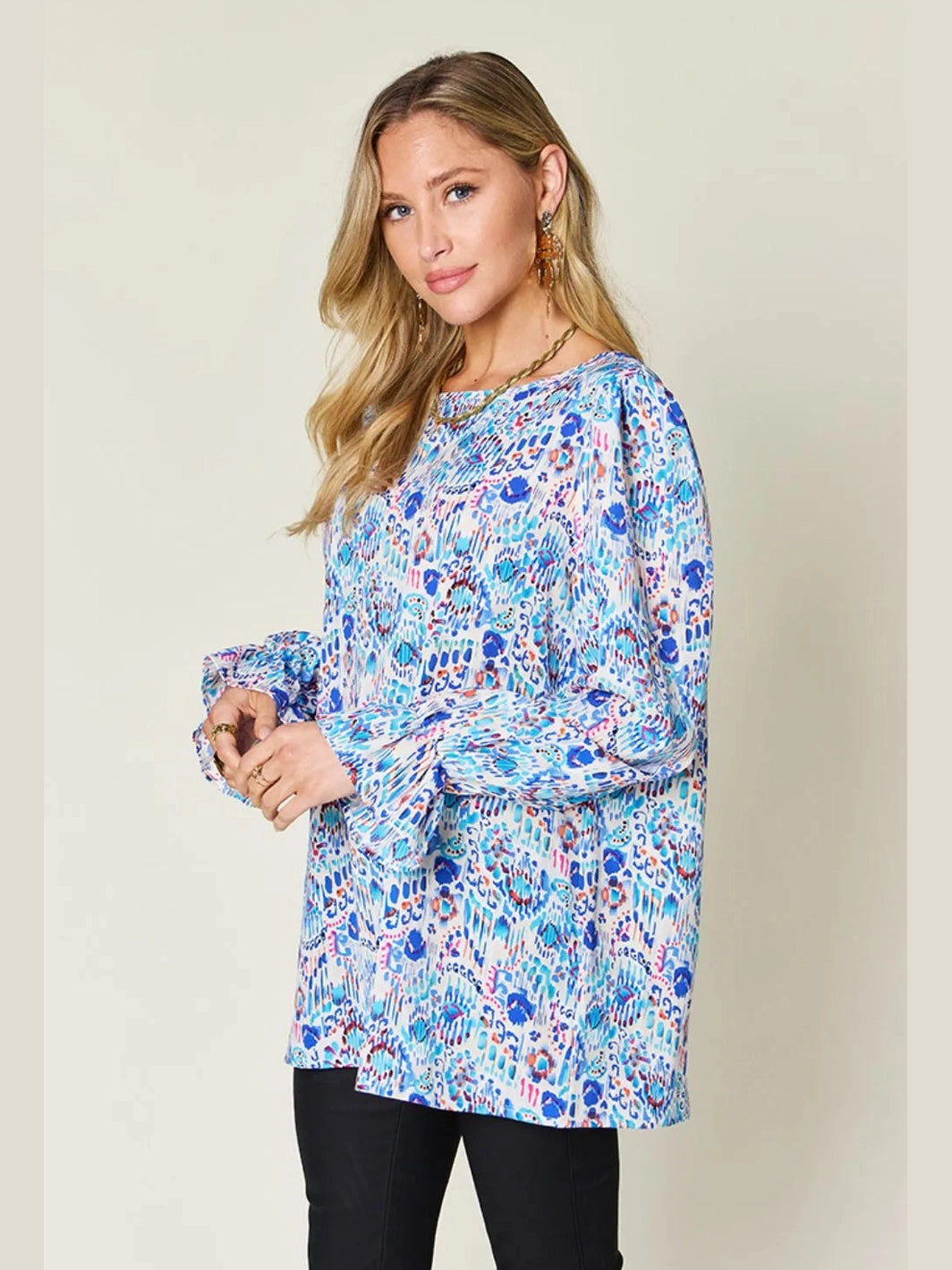 Double Take Full Size Printed Flounce Sleeve Blouse
