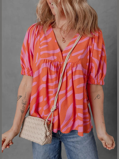 Zebra Stripe Print Ruched Cuff Half Sleeve V Neck Blouse nicholesgifts