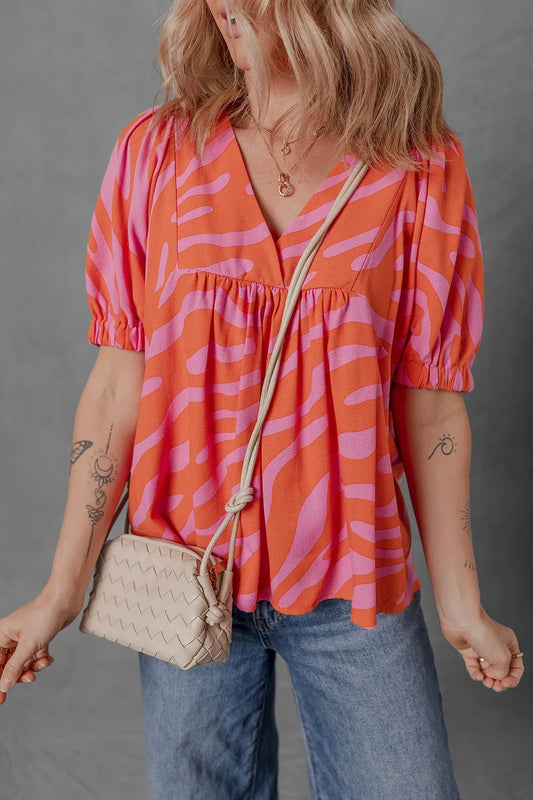 Zebra Stripe Print Ruched Cuff Half Sleeve V Neck Blouse Trendsi