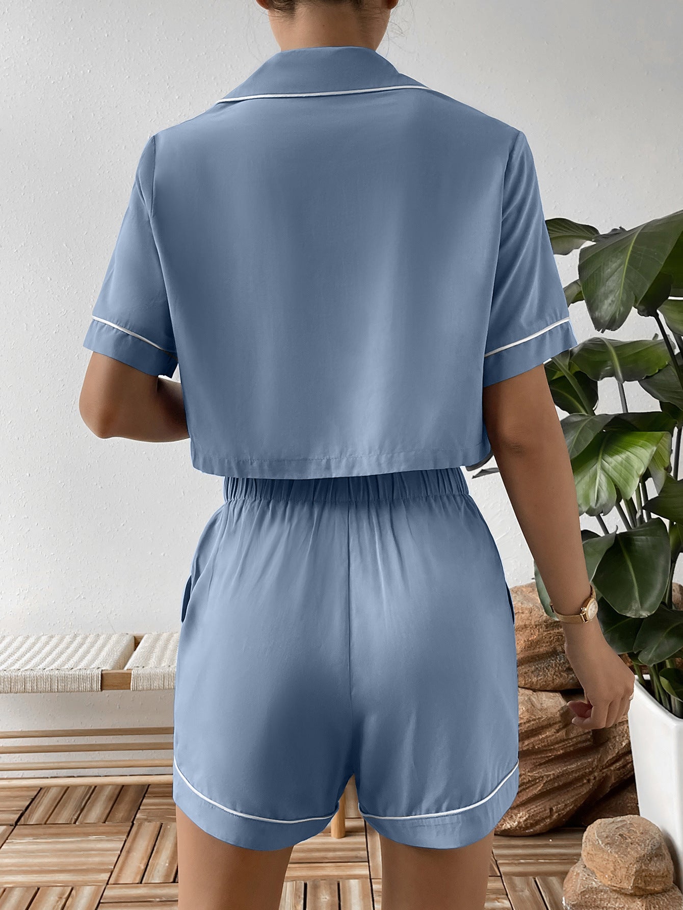 Ivy Lane Contrast Lapel Collar Cropped Shirt and Shorts Lounge Set nicholesgifts