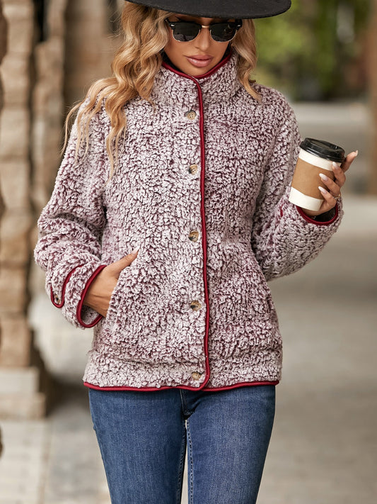 NicholesGifts Women Fuzzy Pocketed Button Up Jacket NicholesGifts