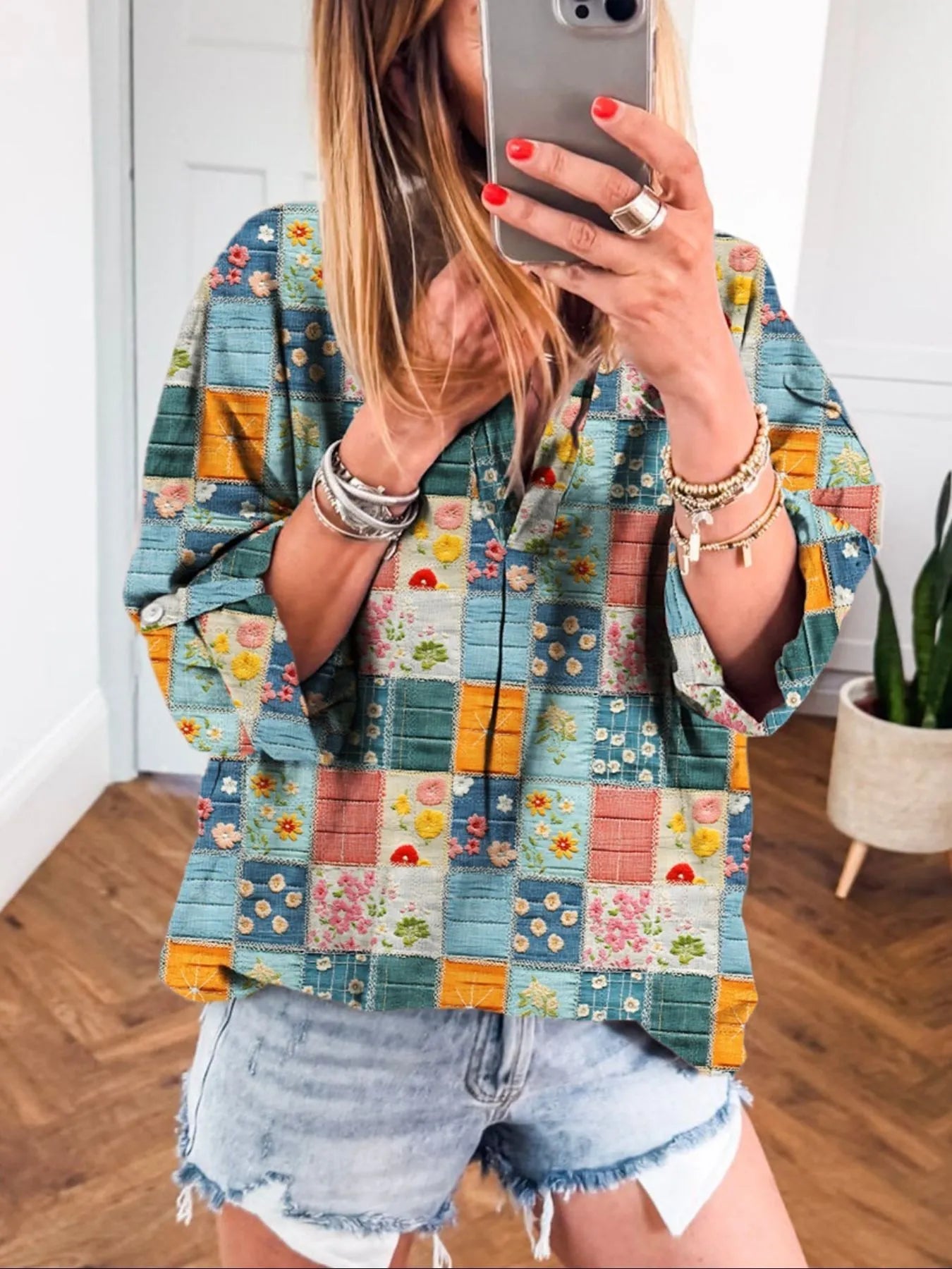 Patchwork Print Notched Long Sleeve Blouse NicholesGifts