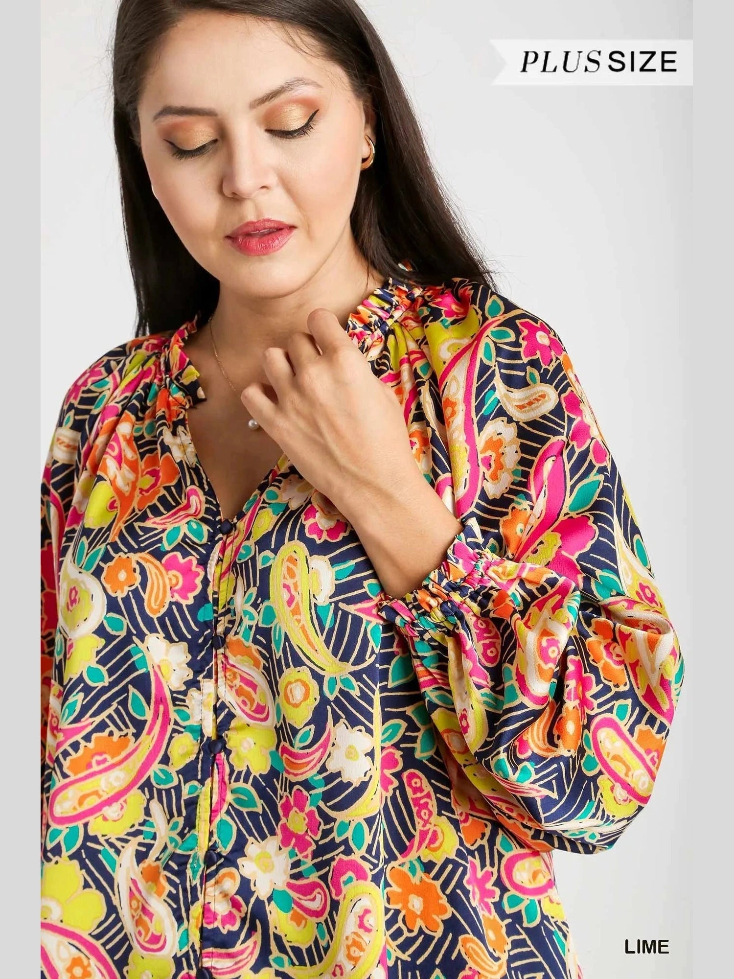 Umgee Full Size Satin Paisley Ruffle Neck Button-Up Shirt Plus Size NicholesGifts