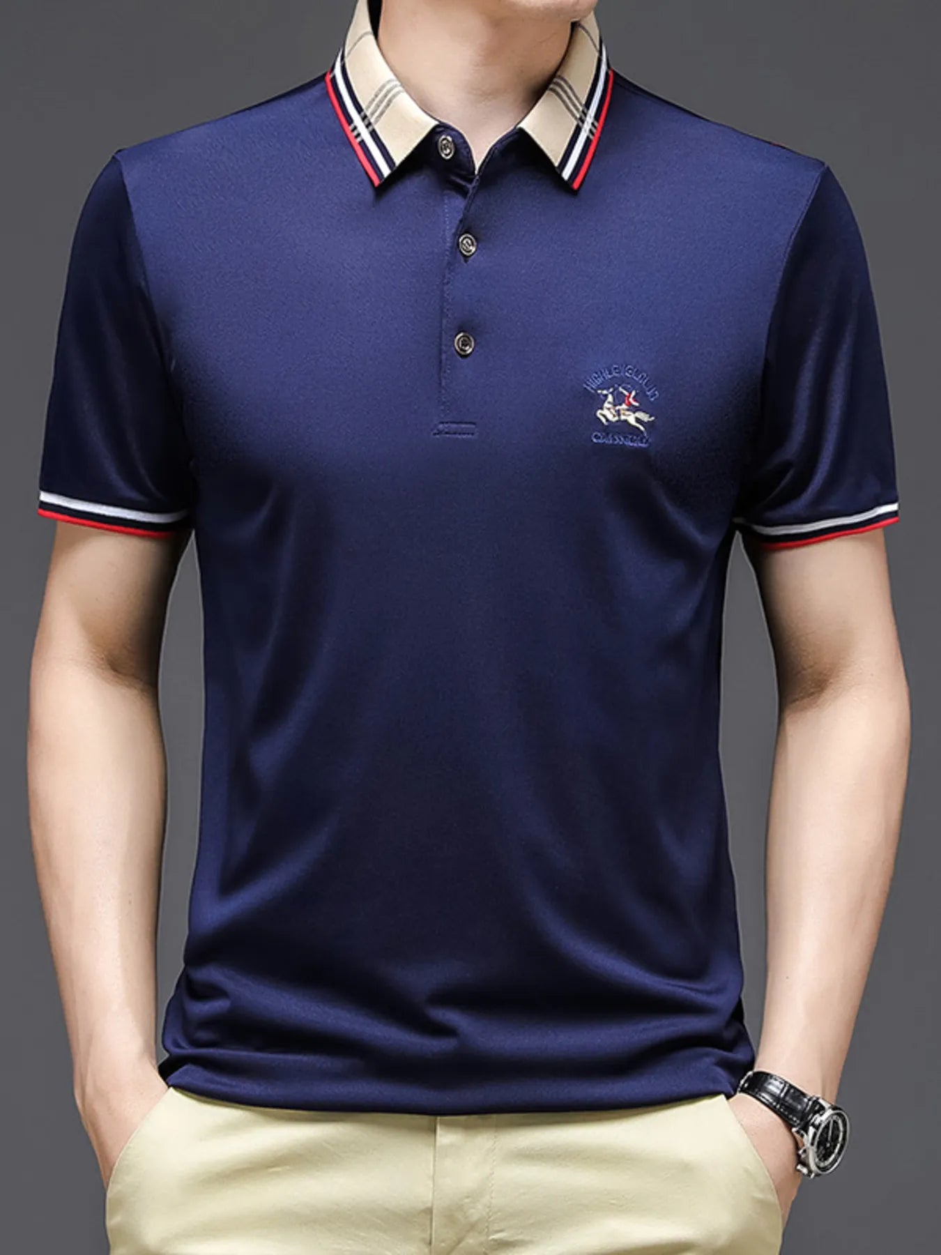 Men's Plus Size Striped Collar Short Sleeve Polo Shirt NicholesGifts