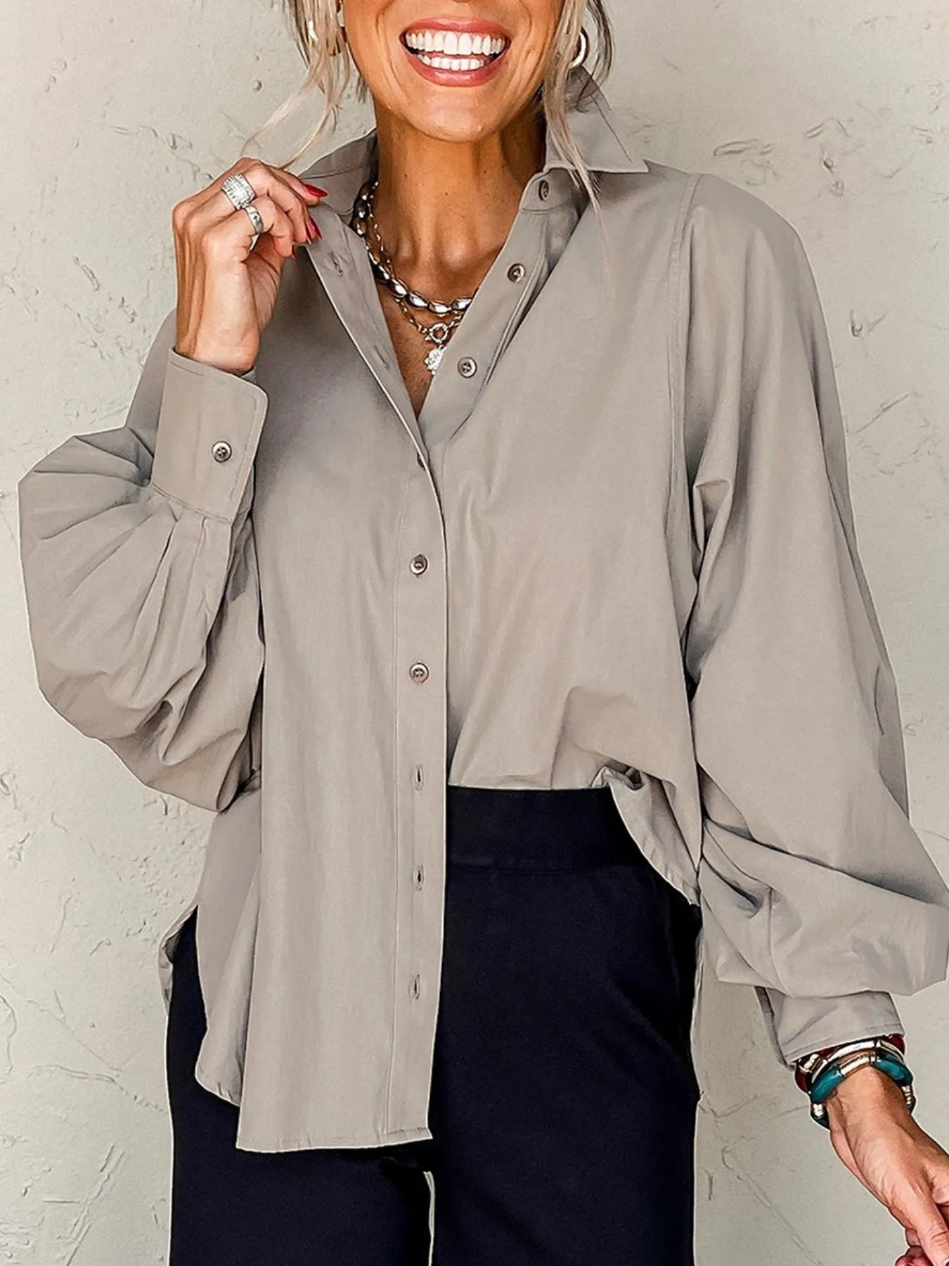 Button Up Lantern Sleeve Shirt NicholesGifts