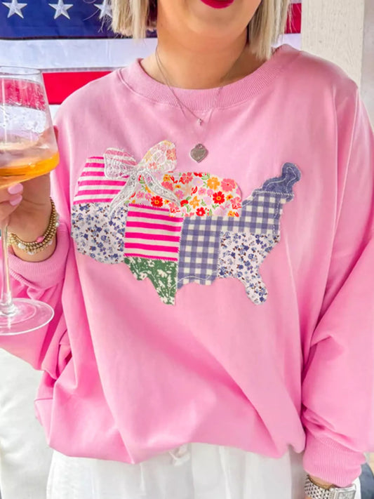 USA Map Patched Long Sleeve Sweatshirt Trendsi